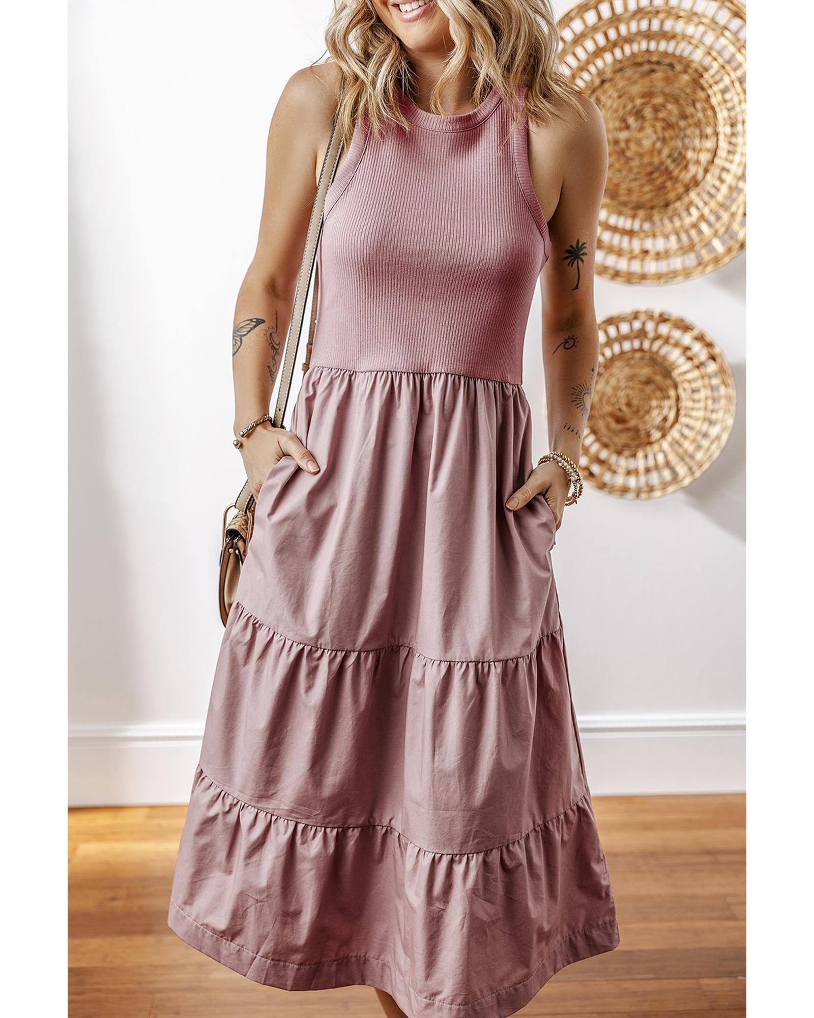 Sepia Rose Ribbed Vest Patchwork Tiered Midi Dress with Pockets - L