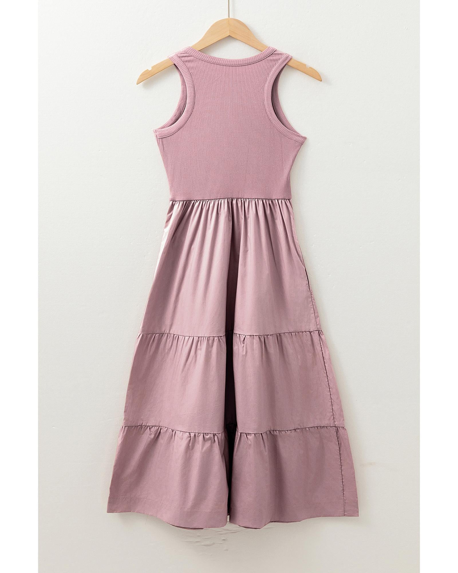 Sepia Rose Ribbed Vest Patchwork Tiered Midi Dress with Pockets - L