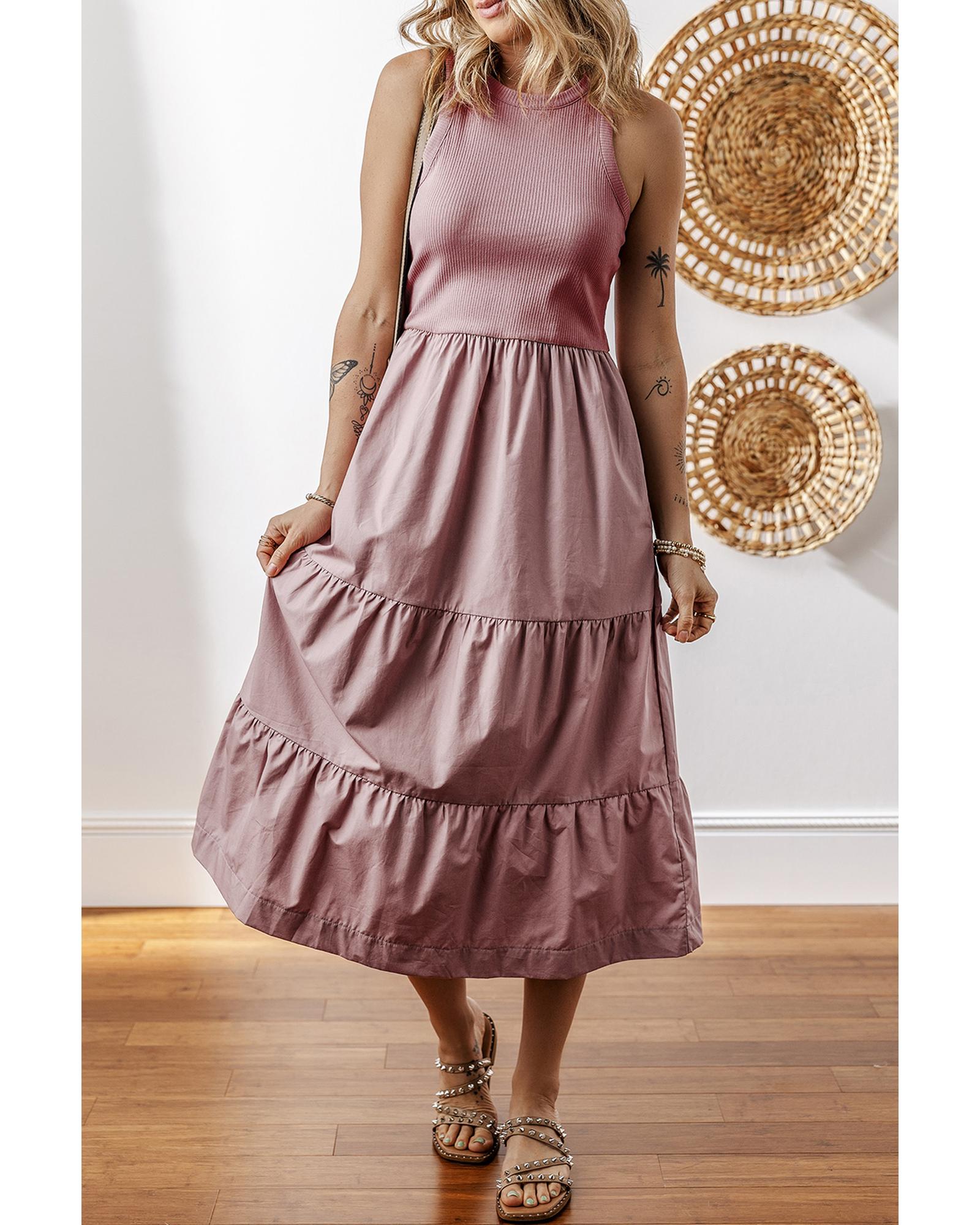 Sepia Rose Ribbed Vest Patchwork Tiered Midi Dress with Pockets - XL