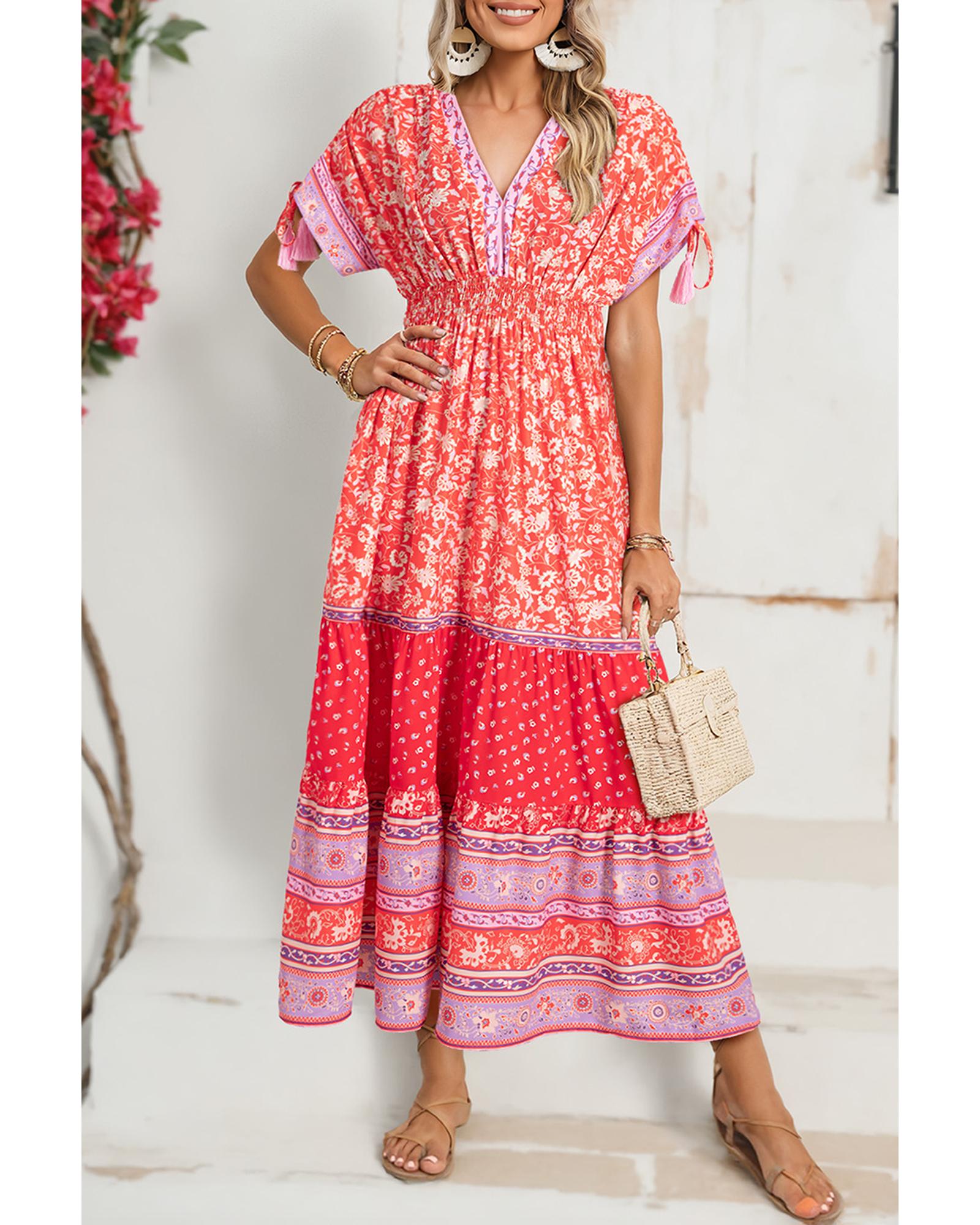 Red Floral Print Tasseled Tied Sleeve Empire Waist Maxi Dress - M