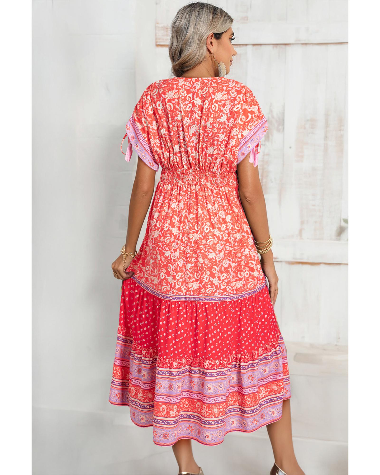 Red Floral Print Tasseled Tied Sleeve Empire Waist Maxi Dress - XL