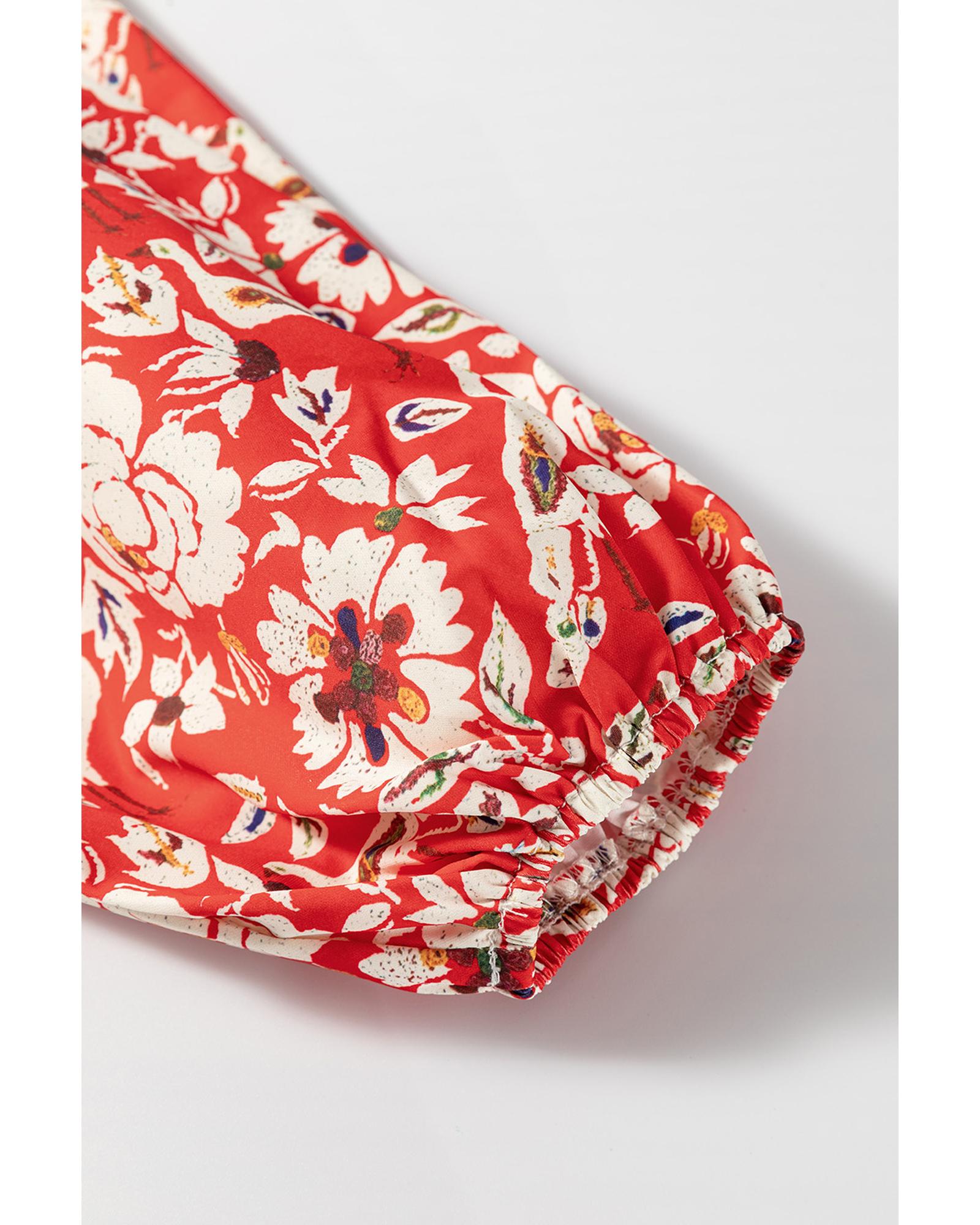 Red Colorful Floral Patchwork Long Sleeve Pleated Mini Dress - S