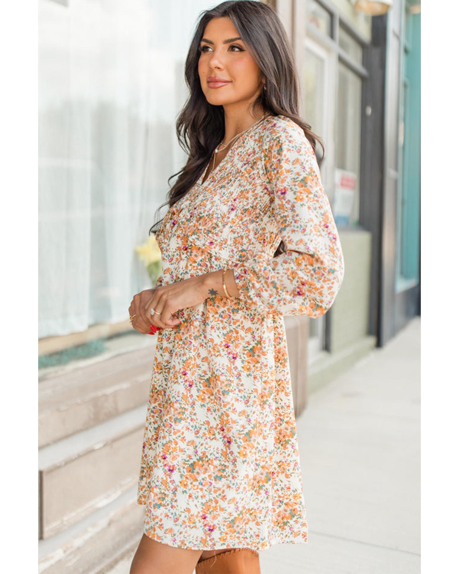 Yellow Boho Floral V Neck Ruffled Empire Waist Long Sleeve Mini Dress - L