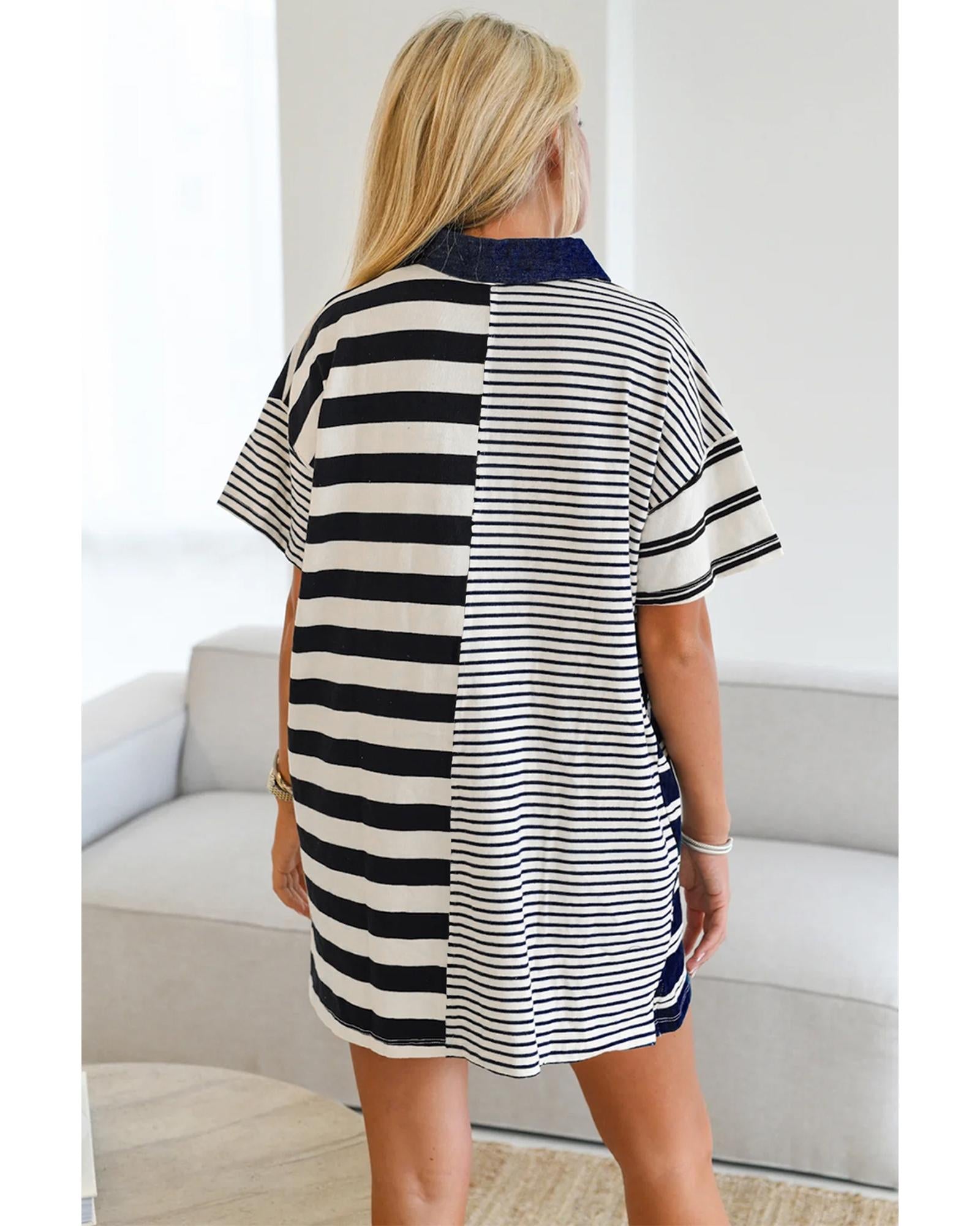 Black Stripe Half Placket Polo T Shirt Dress - L