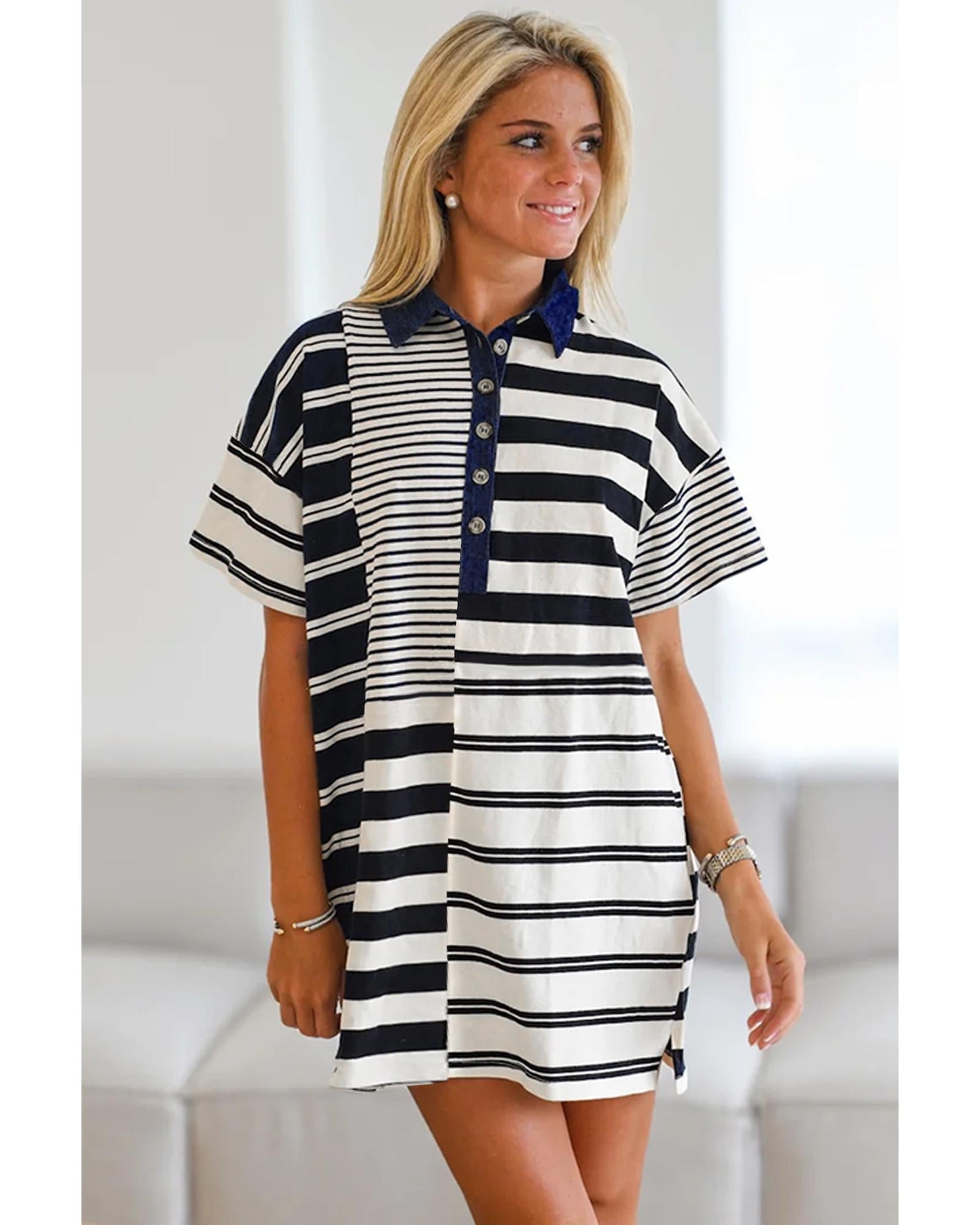 Black Stripe Half Placket Polo T Shirt Dress - XL