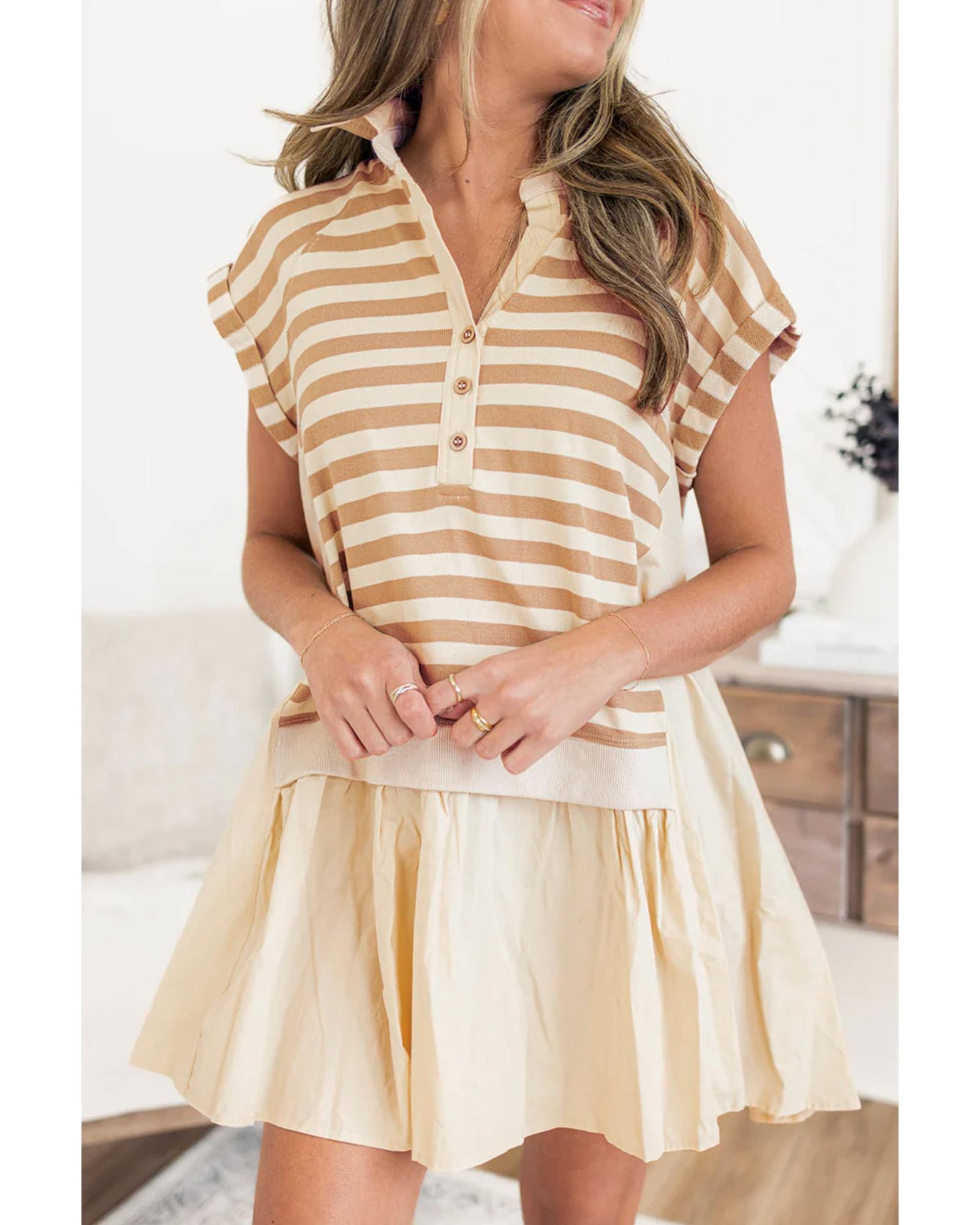 Khaki Stripe Two-in-one Collared Cap Sleeve Patchwork Loose Mini Dress - XL