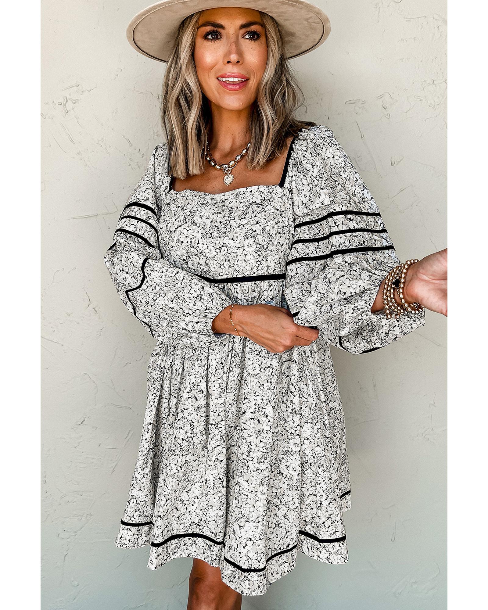 Gray Floral Print Open Back Balloon Sleeve Square Neck Mini Dress - L