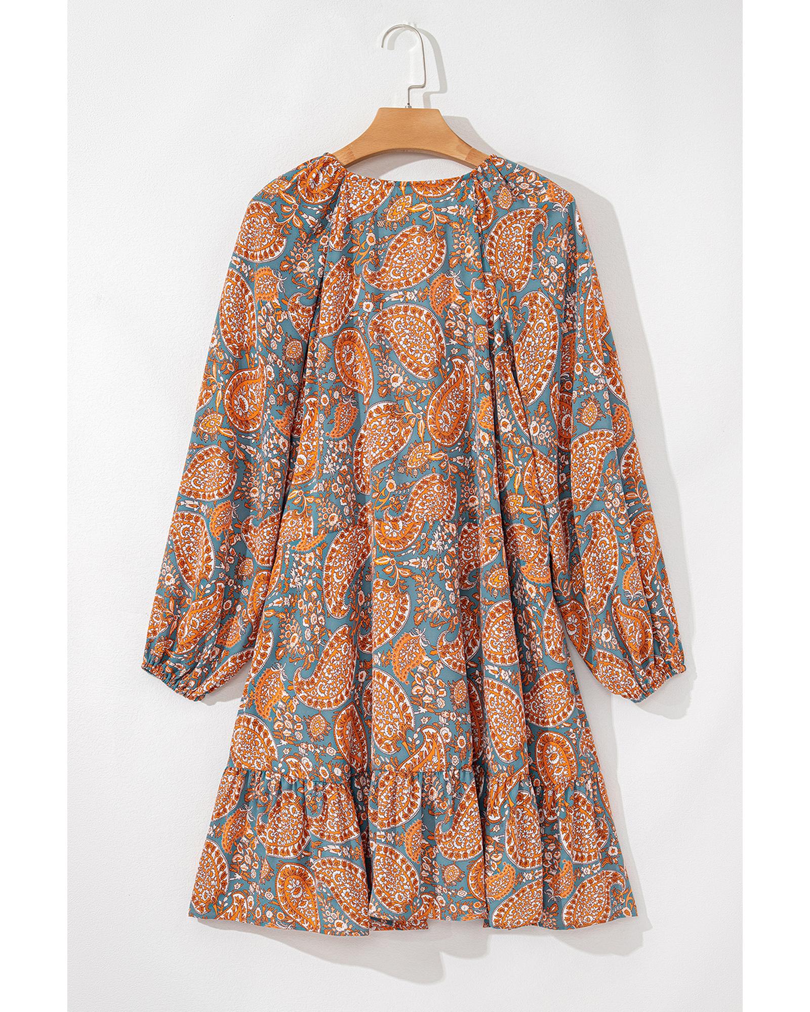 Orange Paisley Print Loose Fit Drawstring High Waist Mini Dress - M