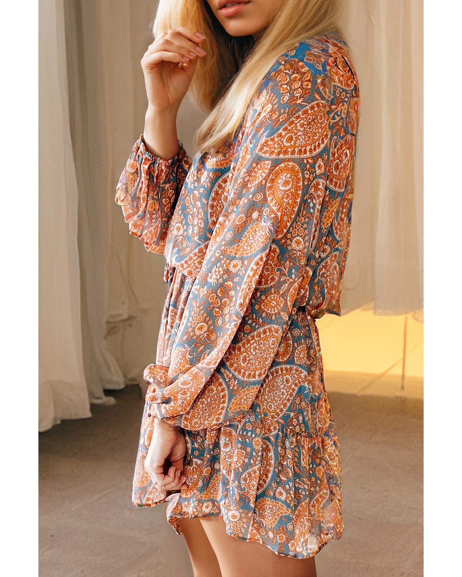 Orange Paisley Print Loose Fit Drawstring High Waist Mini Dress - S