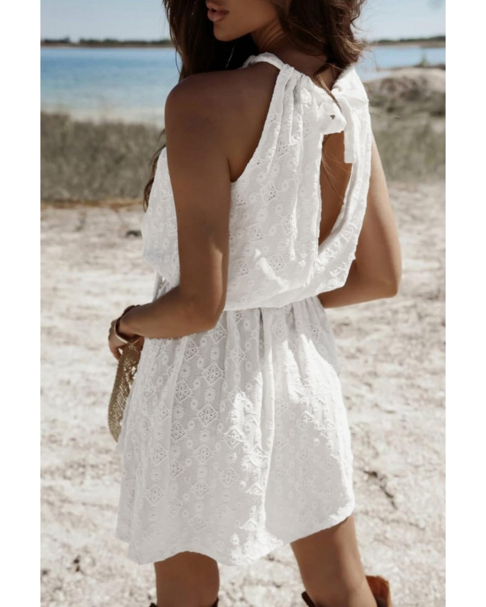 White Lace Sleeveless Knot Hollow Out Back Tied Waist Mini Dress - S