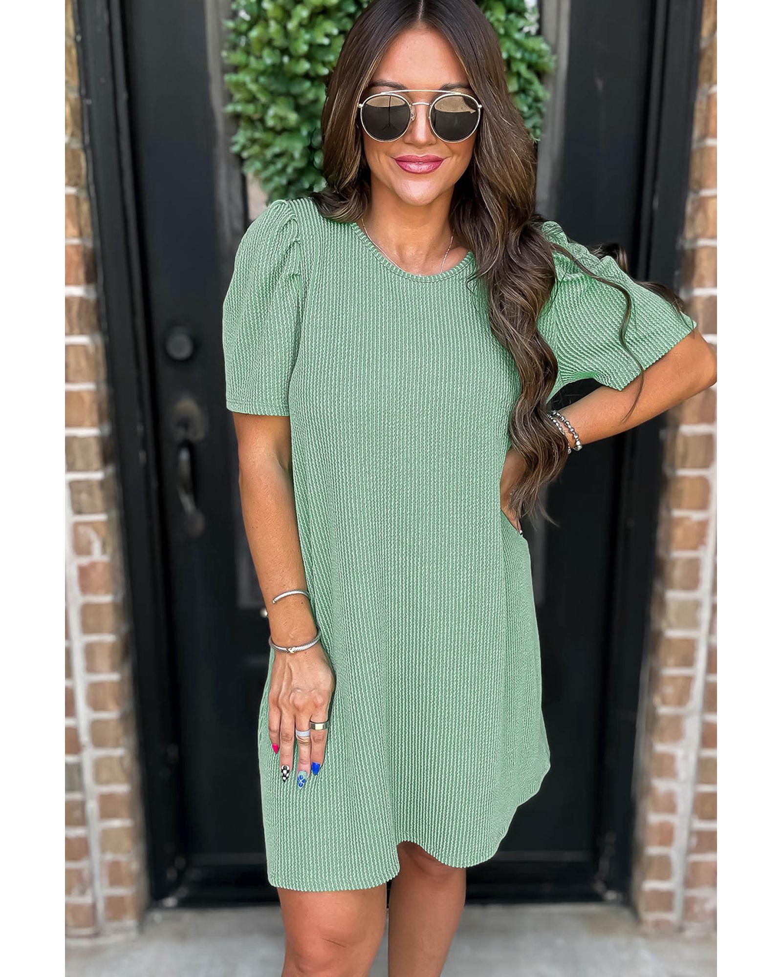 Mint Green Corded Knit Crew Neck Puff Sleeve Shift Mini Dress - L