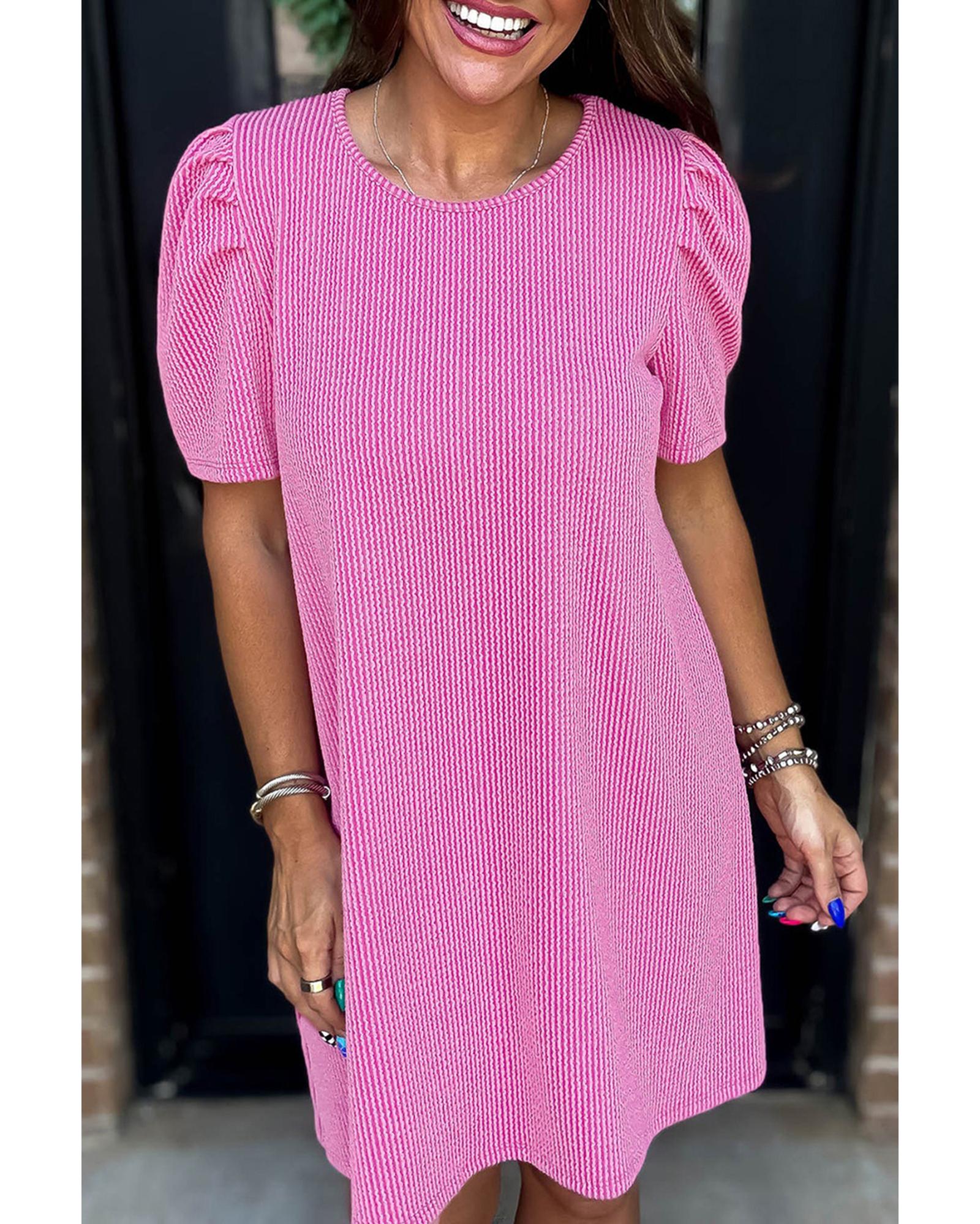 Bright Pink Corded Knit Crew Neck Puff Sleeve Shift Mini Dress - S