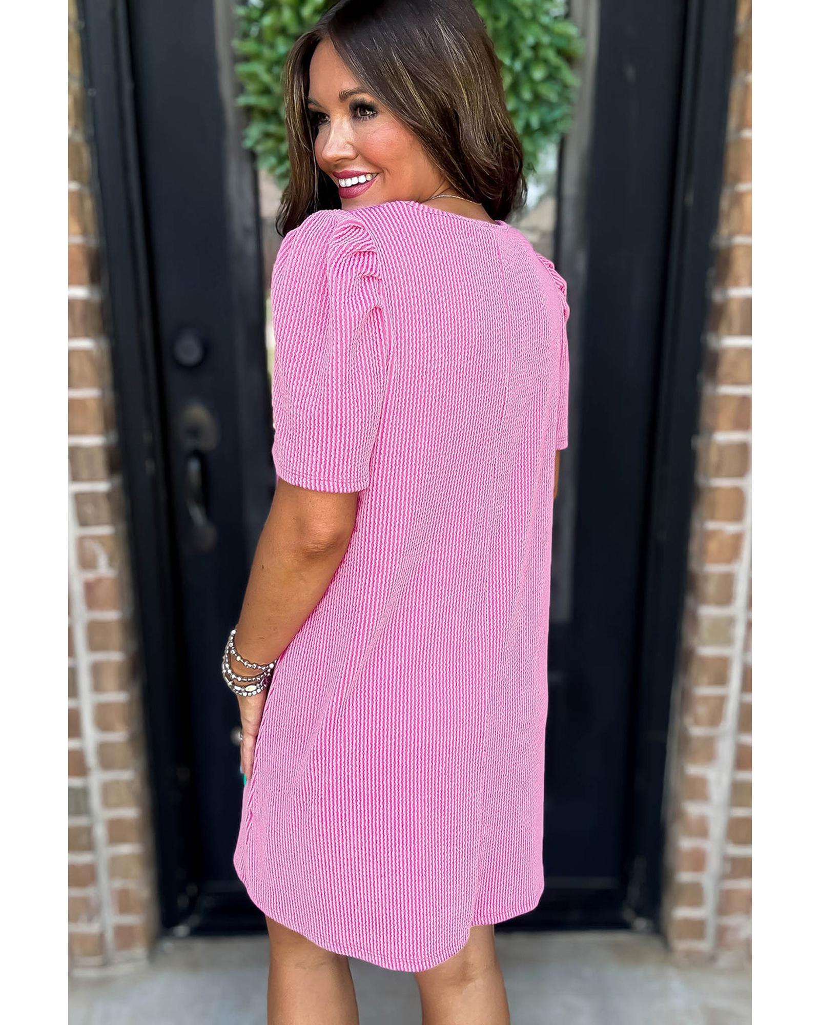 Bright Pink Corded Knit Crew Neck Puff Sleeve Shift Mini Dress - S