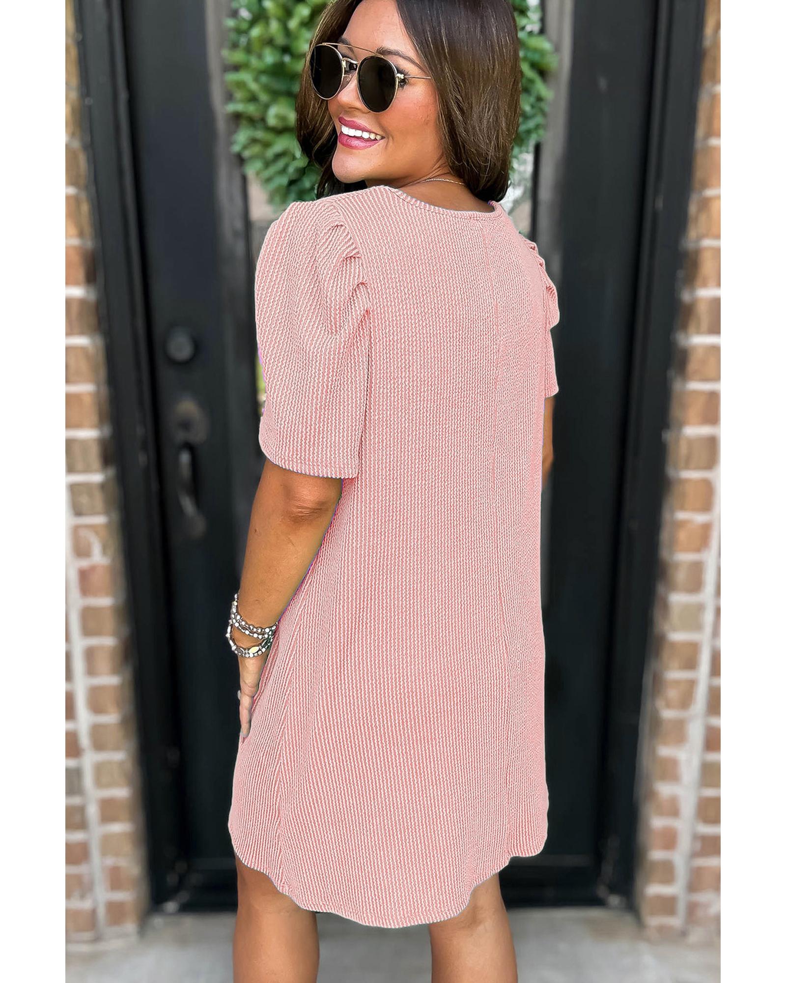 Blossom Corded Knit Crew Neck Puff Sleeve Shift Mini Dress - S