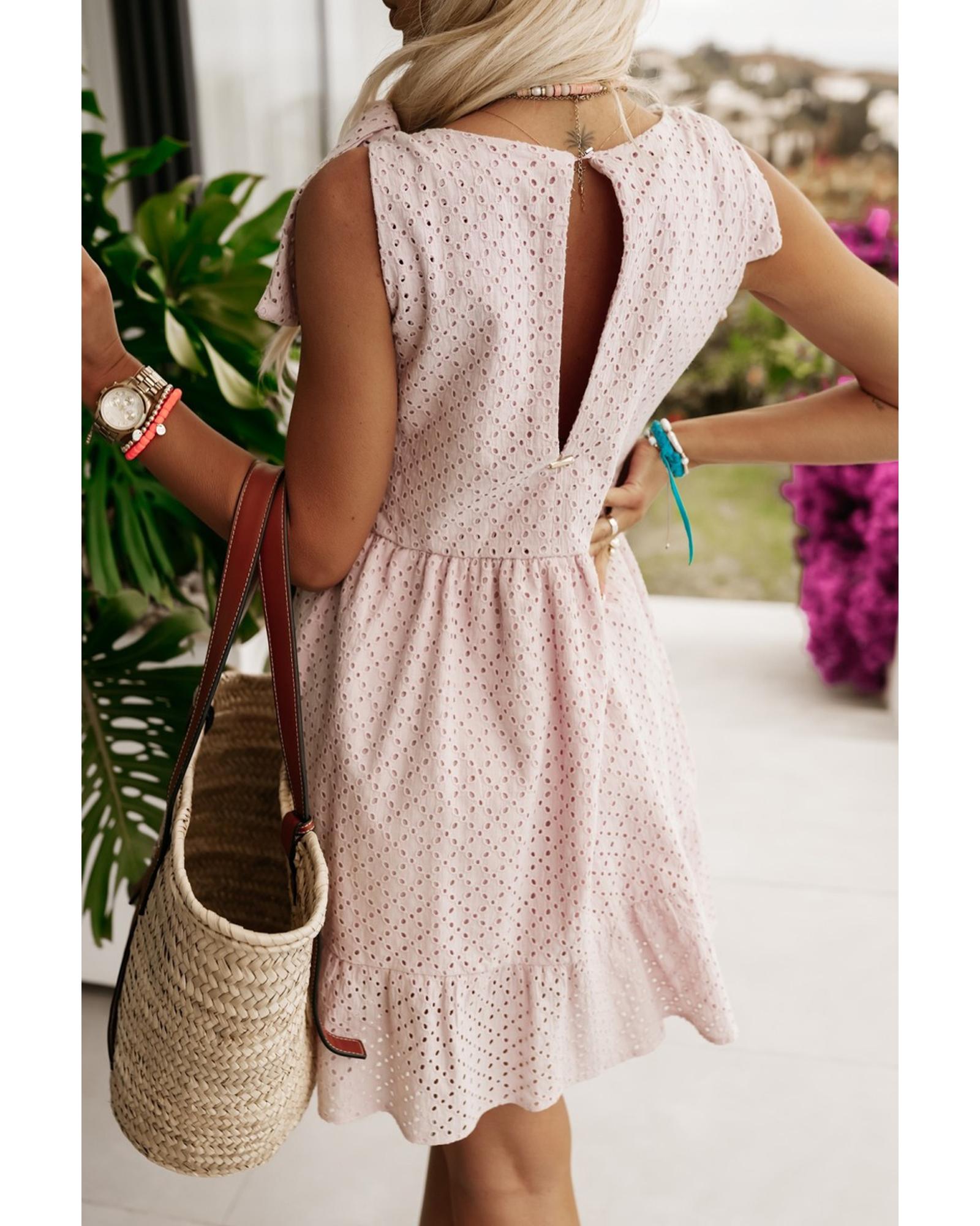Delicacy Embroidered Eyelets Ruffled Hem Sleeveless Mini Dress - L