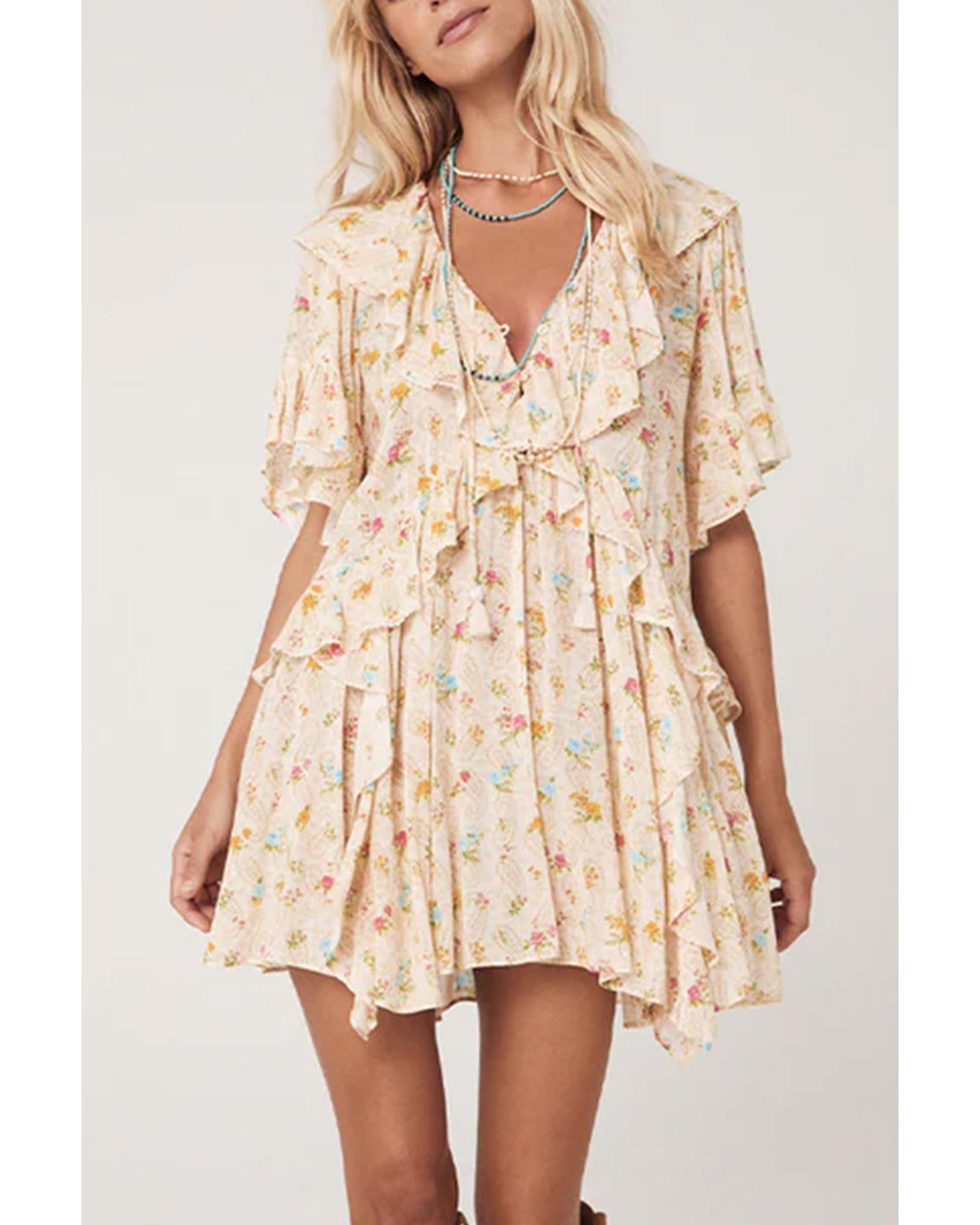 Apricot Boho Floral Tassel Tie V Neck Ruffle Wide Sleeve Mini Dress - M