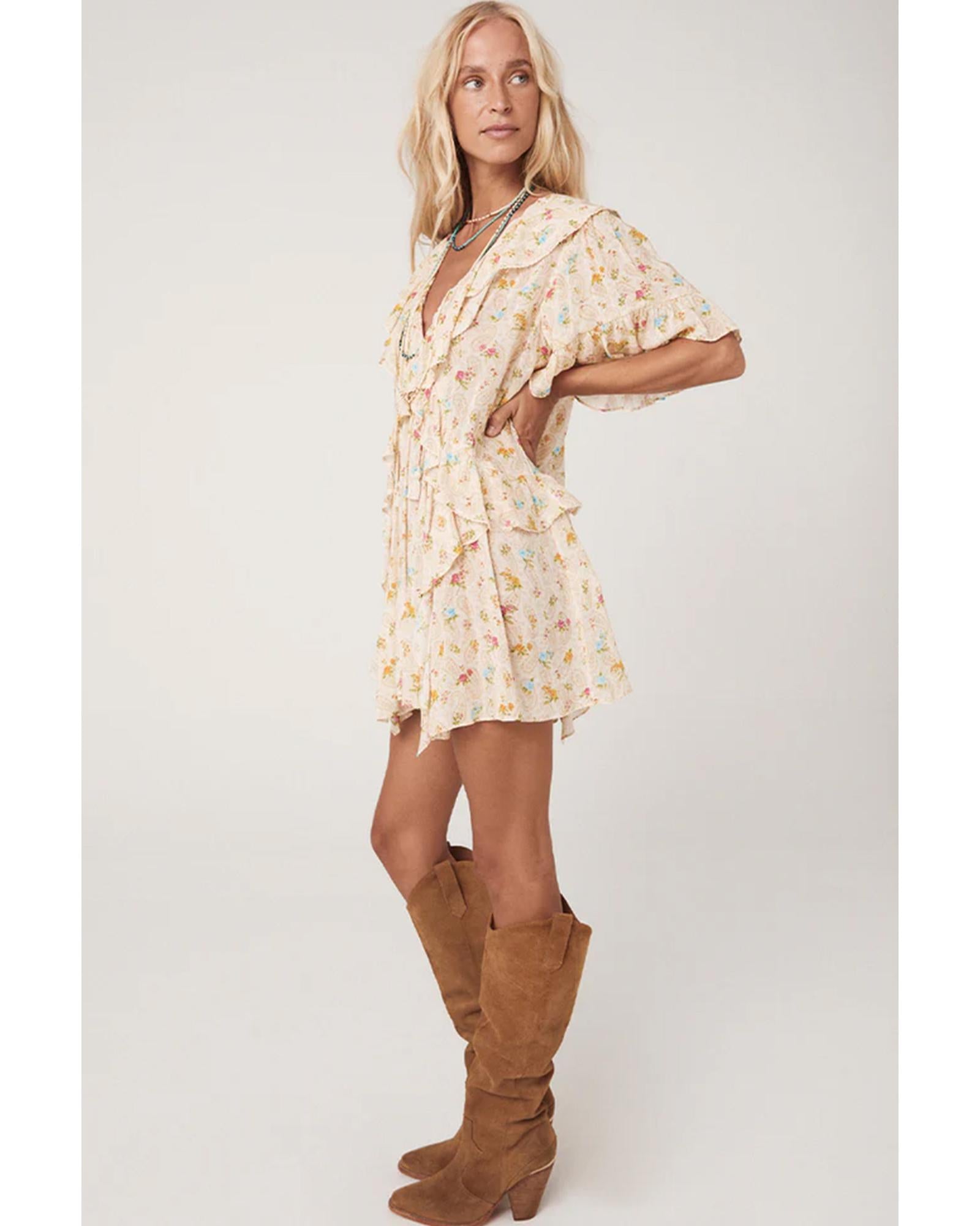 Apricot Boho Floral Tassel Tie V Neck Ruffle Wide Sleeve Mini Dress - M