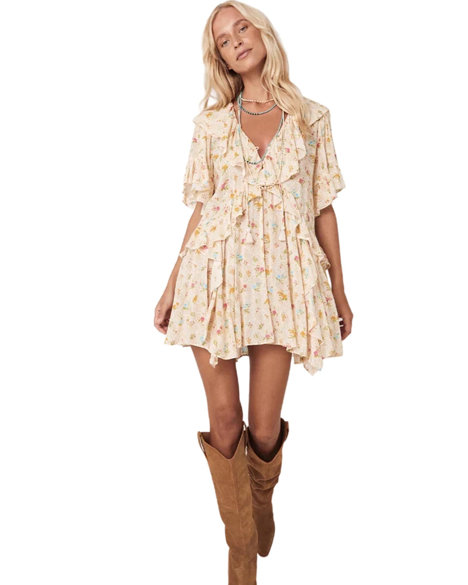 Apricot Boho Floral Tassel Tie V Neck Ruffle Wide Sleeve Mini Dress - M