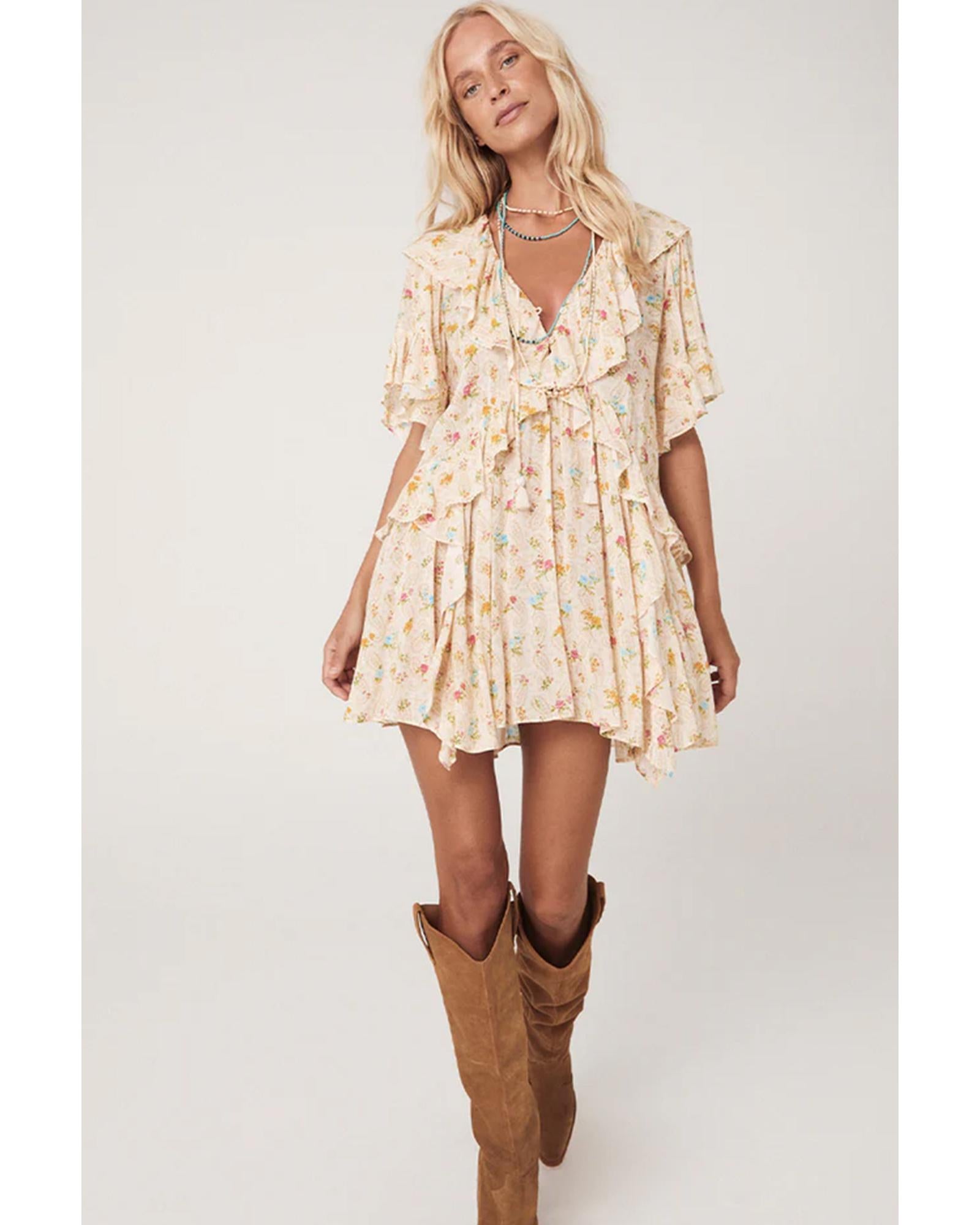 Apricot Boho Floral Tassel Tie V Neck Ruffle Wide Sleeve Mini Dress - M