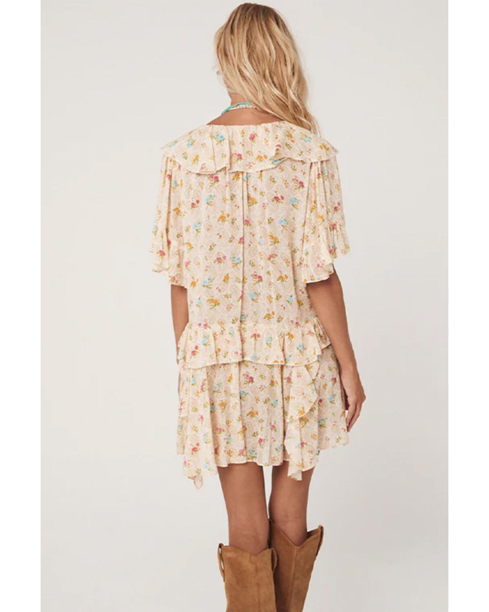 Apricot Boho Floral Tassel Tie V Neck Ruffle Wide Sleeve Mini Dress - M