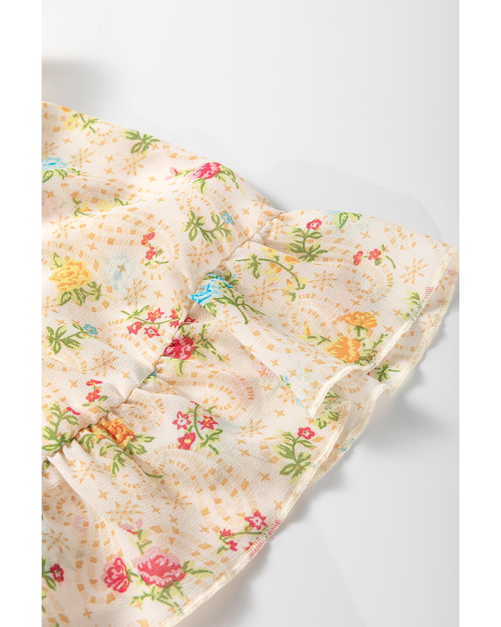 Apricot Boho Floral Tassel Tie V Neck Ruffle Wide Sleeve Mini Dress - M