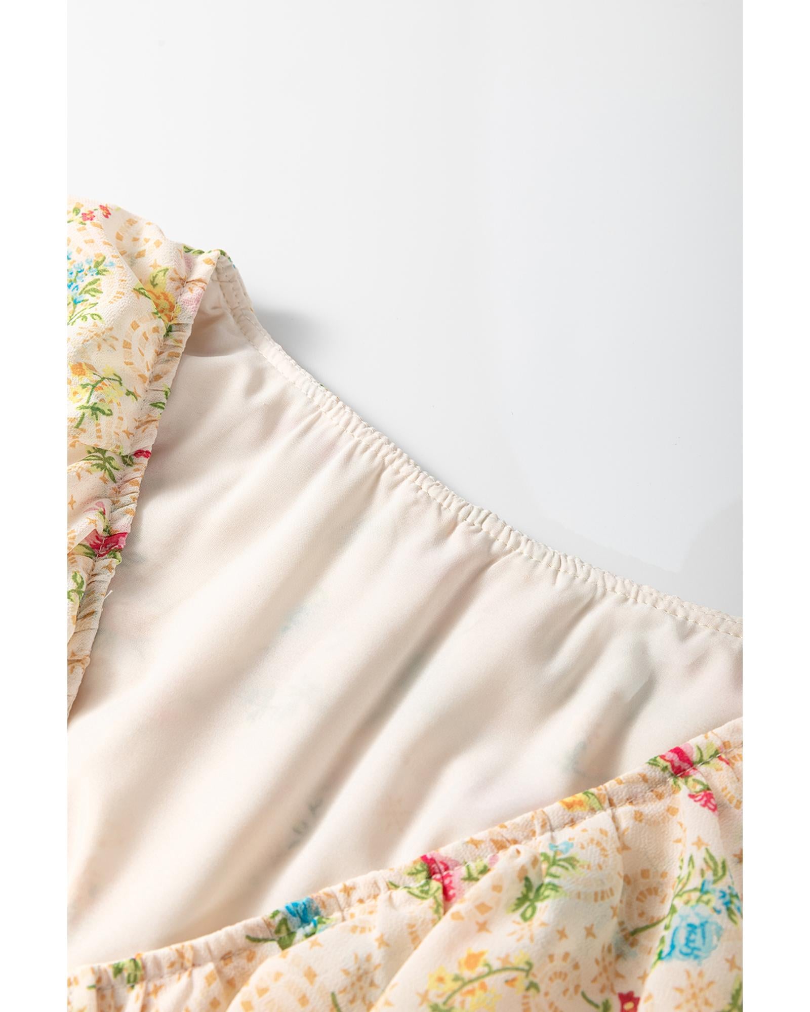 Apricot Boho Floral Tassel Tie V Neck Ruffle Wide Sleeve Mini Dress - XL