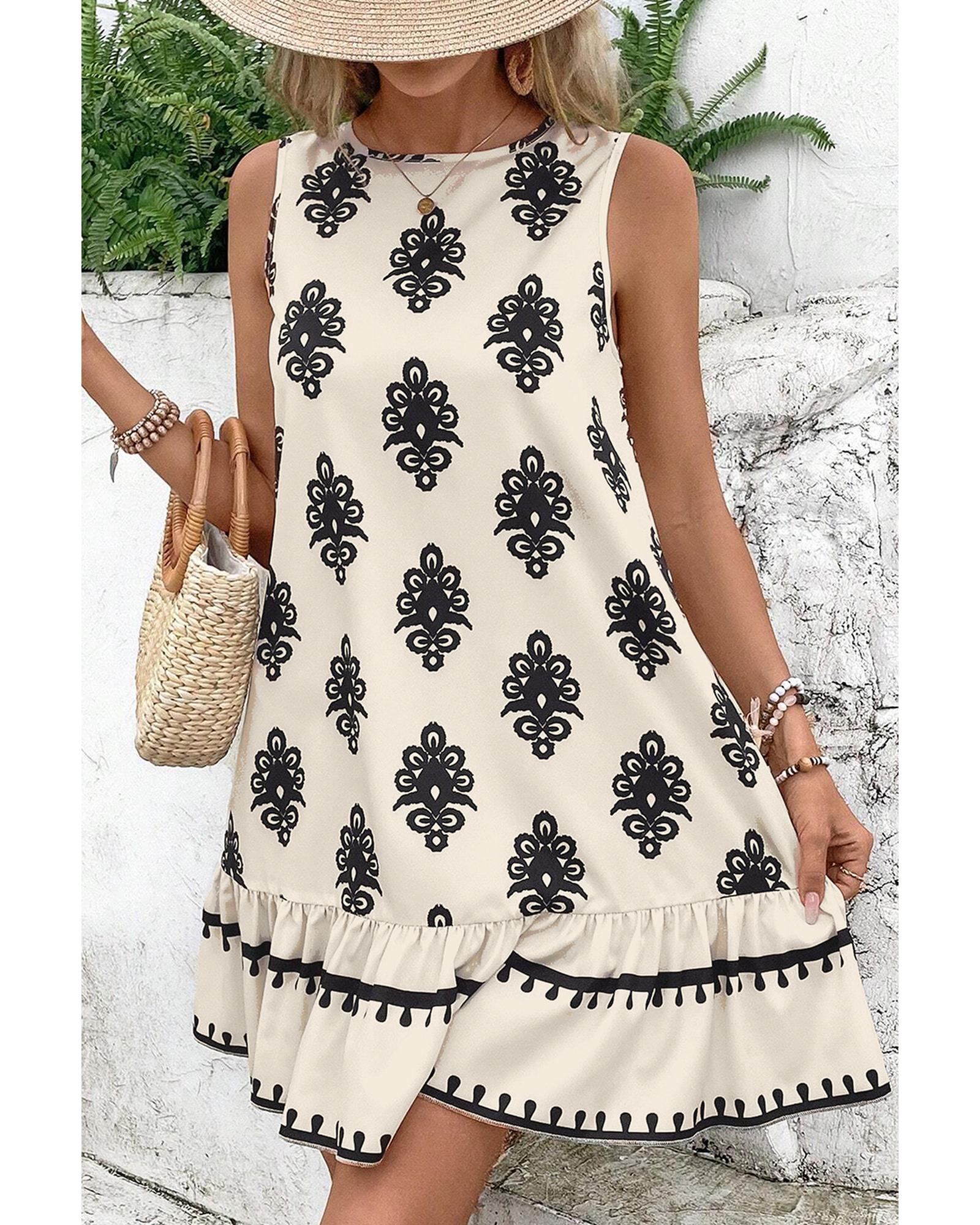 Beige Geometric Printed Sleeveless Hollowed Bowknot Back Mini Dress - L