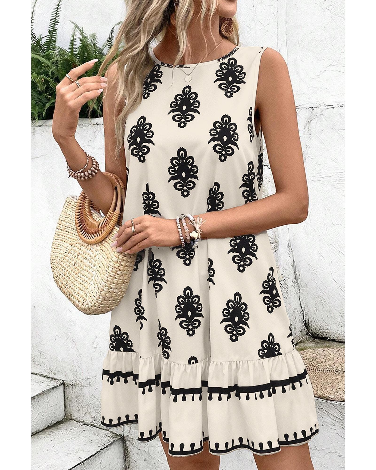 Beige Geometric Printed Sleeveless Hollowed Bowknot Back Mini Dress - XL