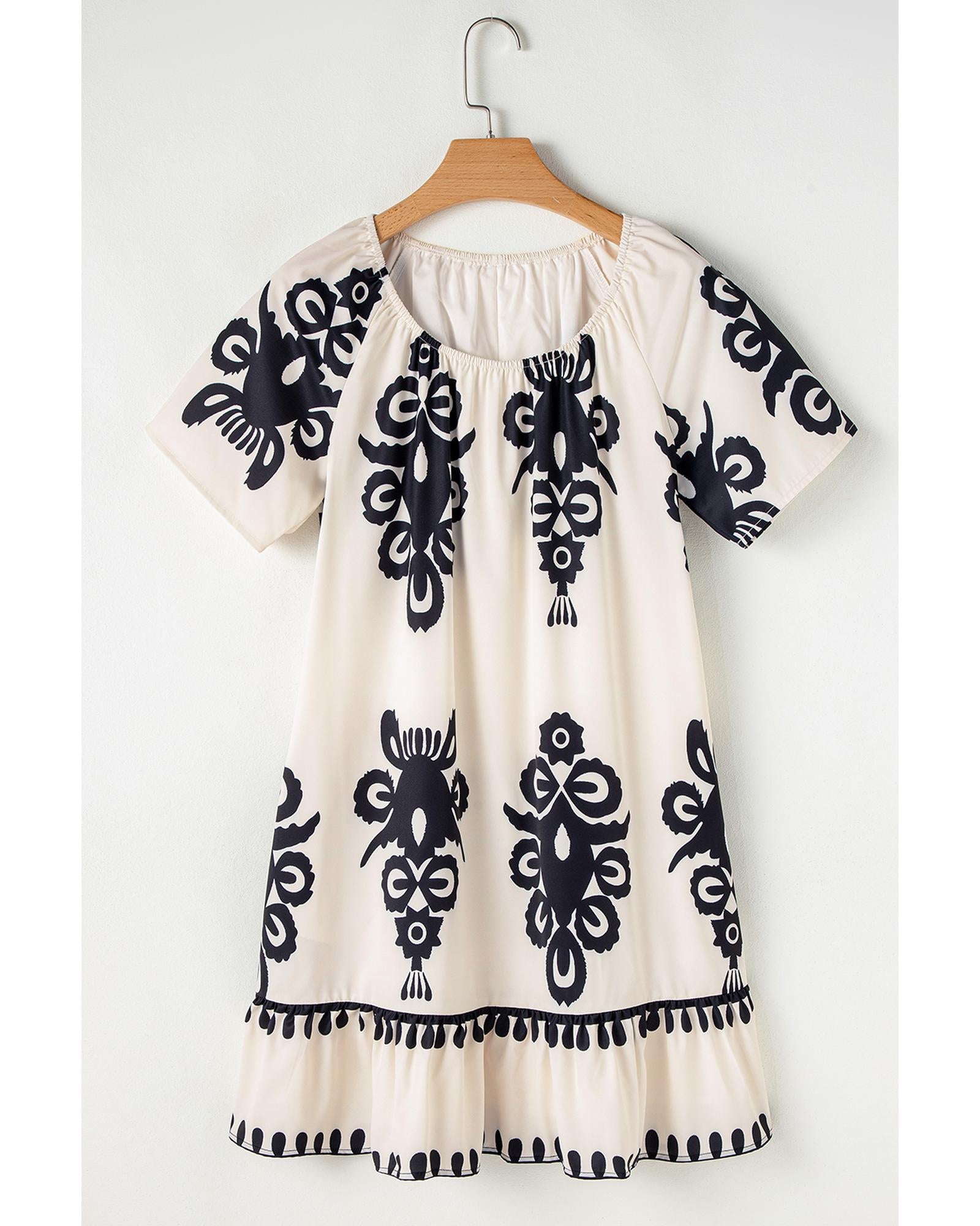 Apricot Western Print Ruffled Short Sleeve Loose Dress - M