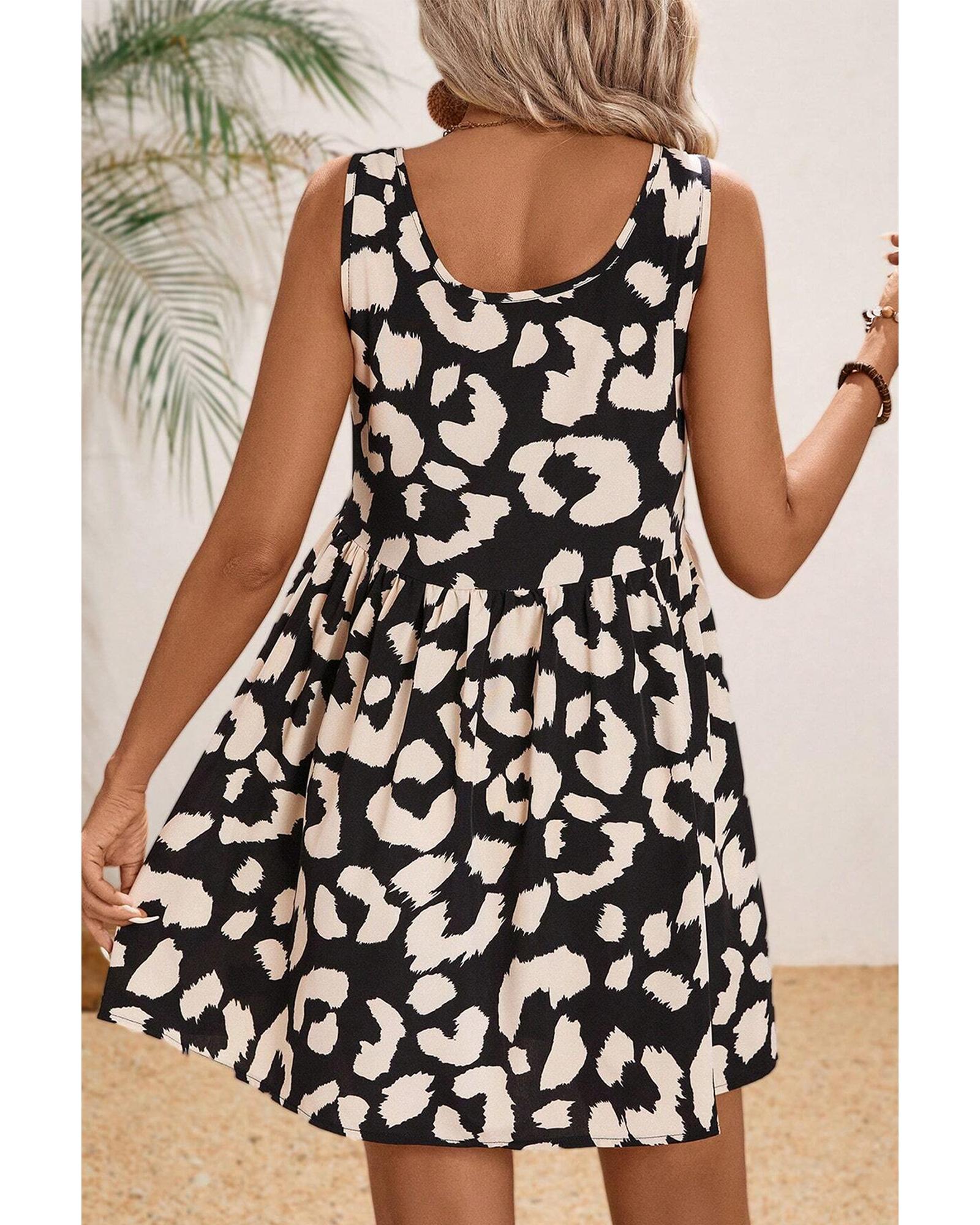 Black Leopard Print U Neck Sleeveless High Waist Dress - M