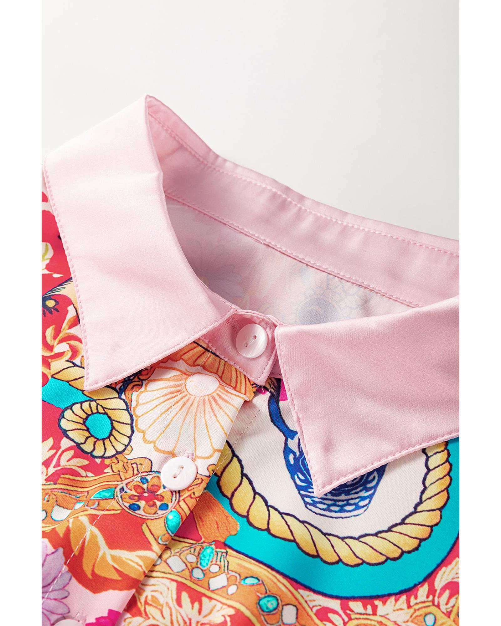 Multicolour Boho Floral Print Buttoned Long Sleeve Shirt Dress - L