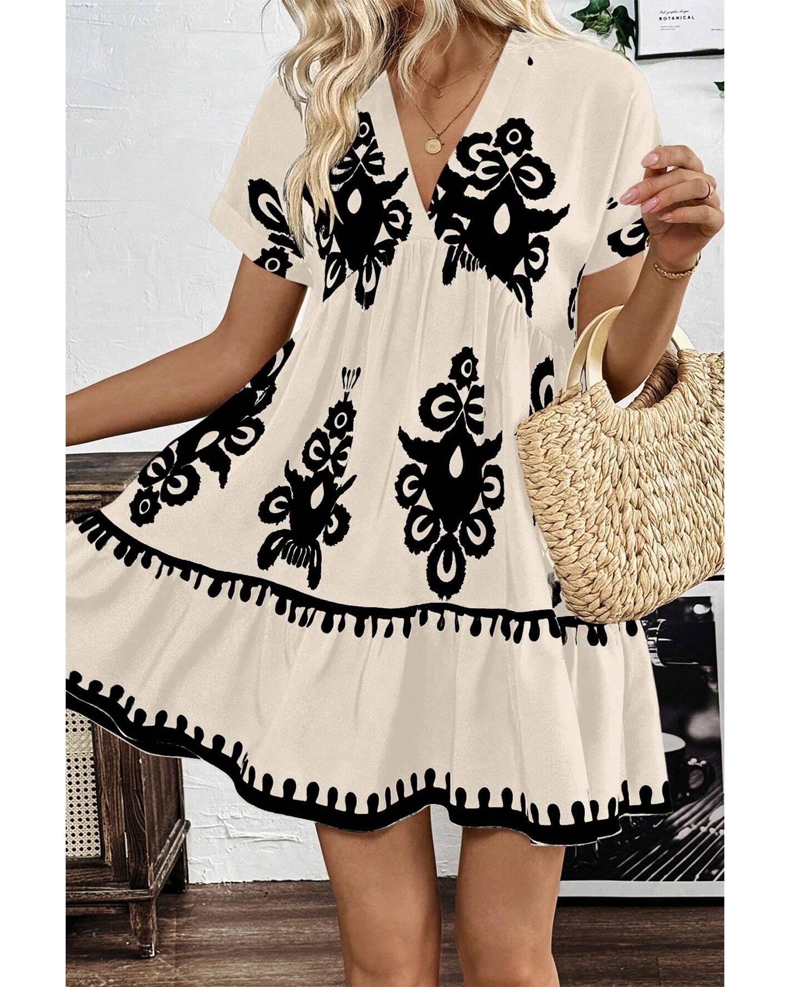 Black Vintage Print V Neck High Waist Short Sleeve Dress - XL