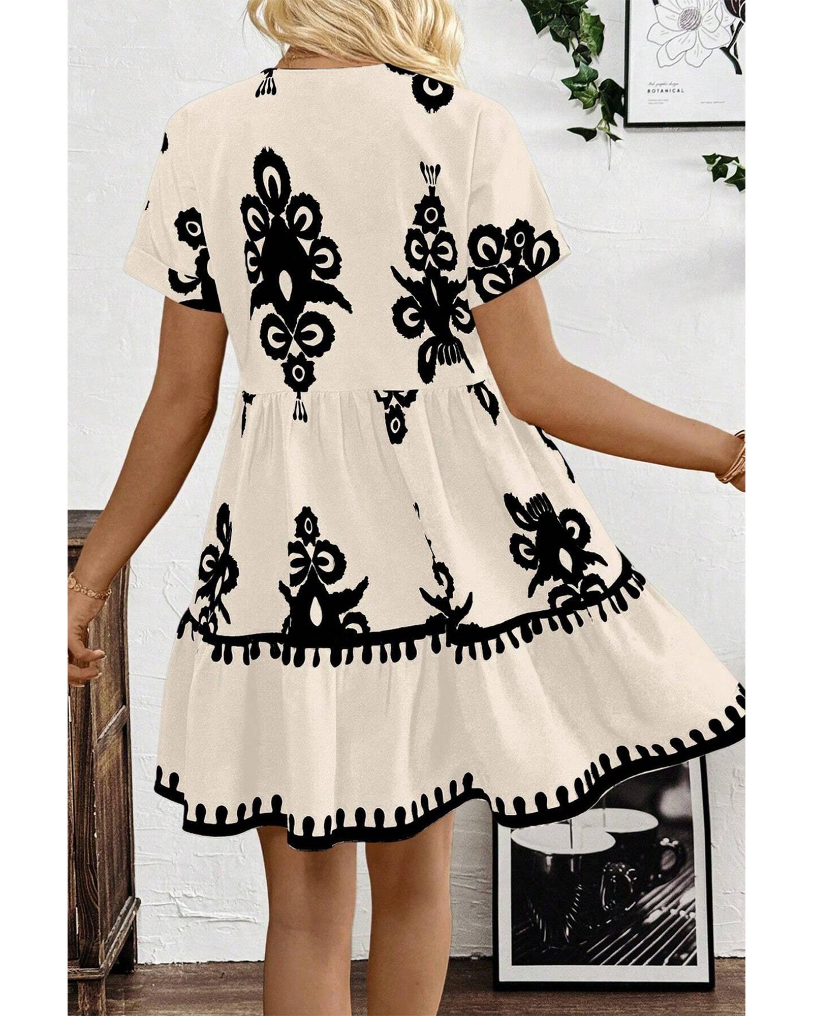 Black Vintage Print V Neck High Waist Short Sleeve Dress - XL