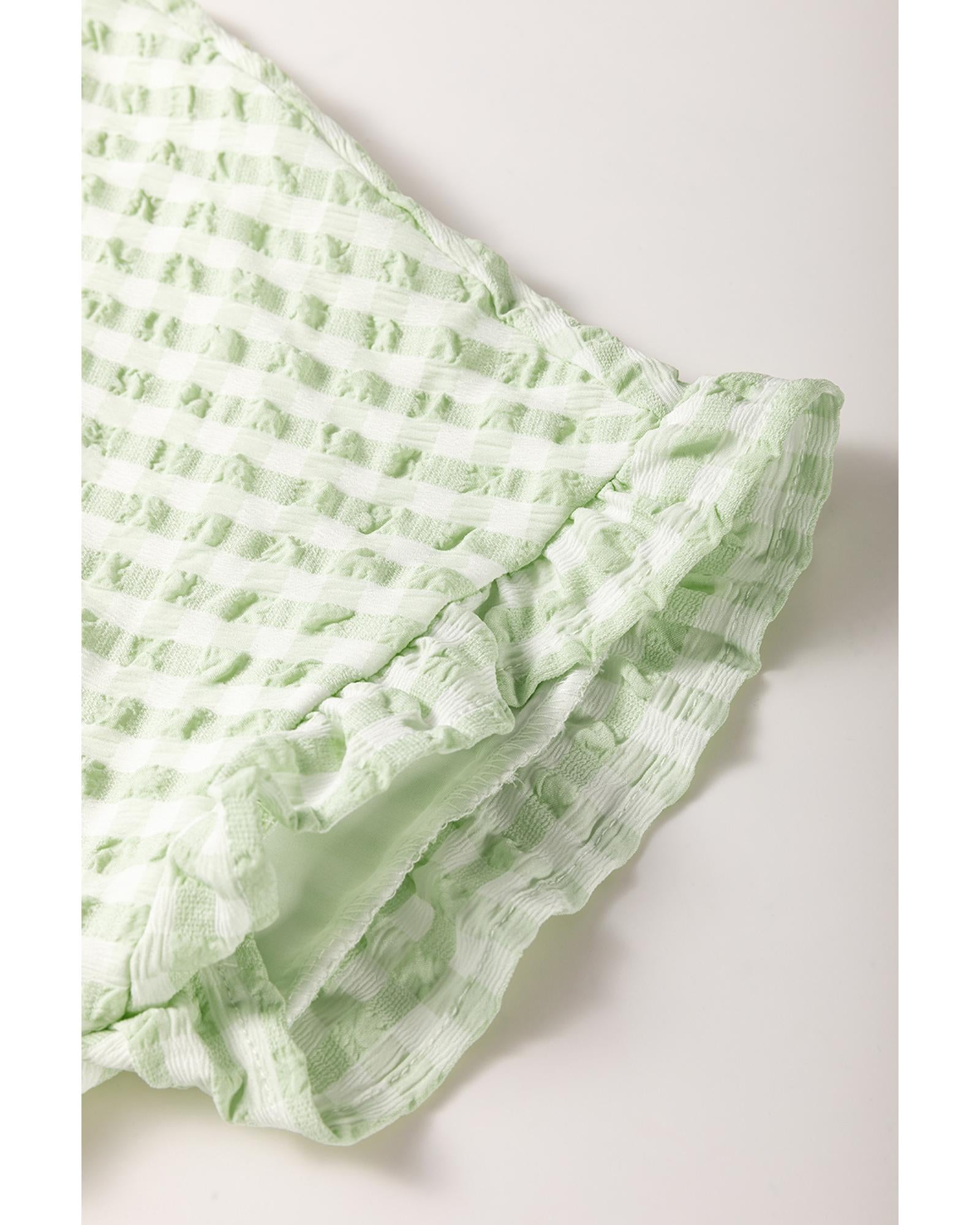 Green Stripe Textured Tiered Short Sleeve Loose Mini Dress - L