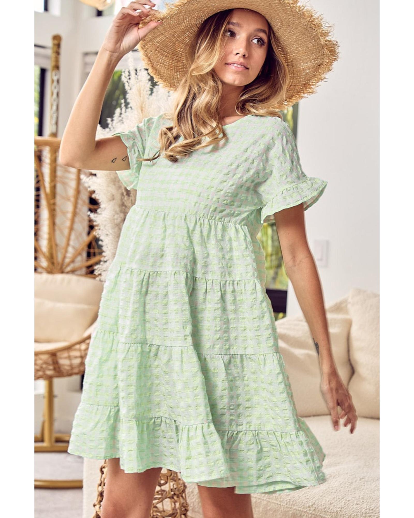 Green Stripe Textured Tiered Short Sleeve Loose Mini Dress - M