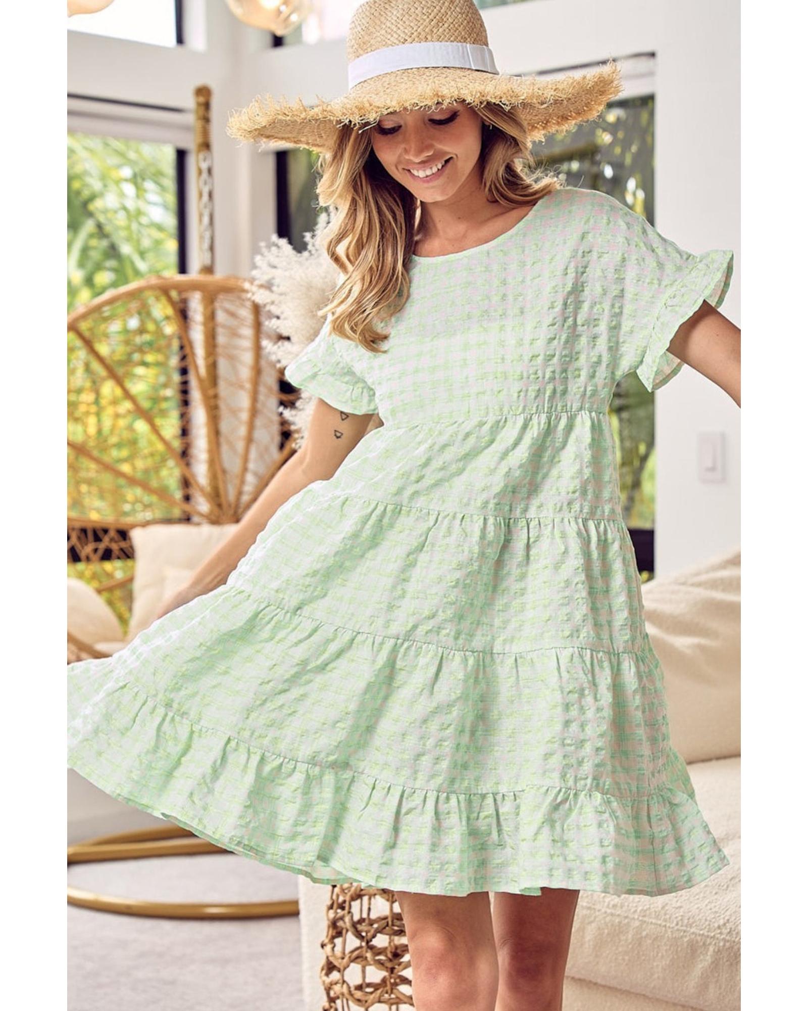 Green Stripe Textured Tiered Short Sleeve Loose Mini Dress - M