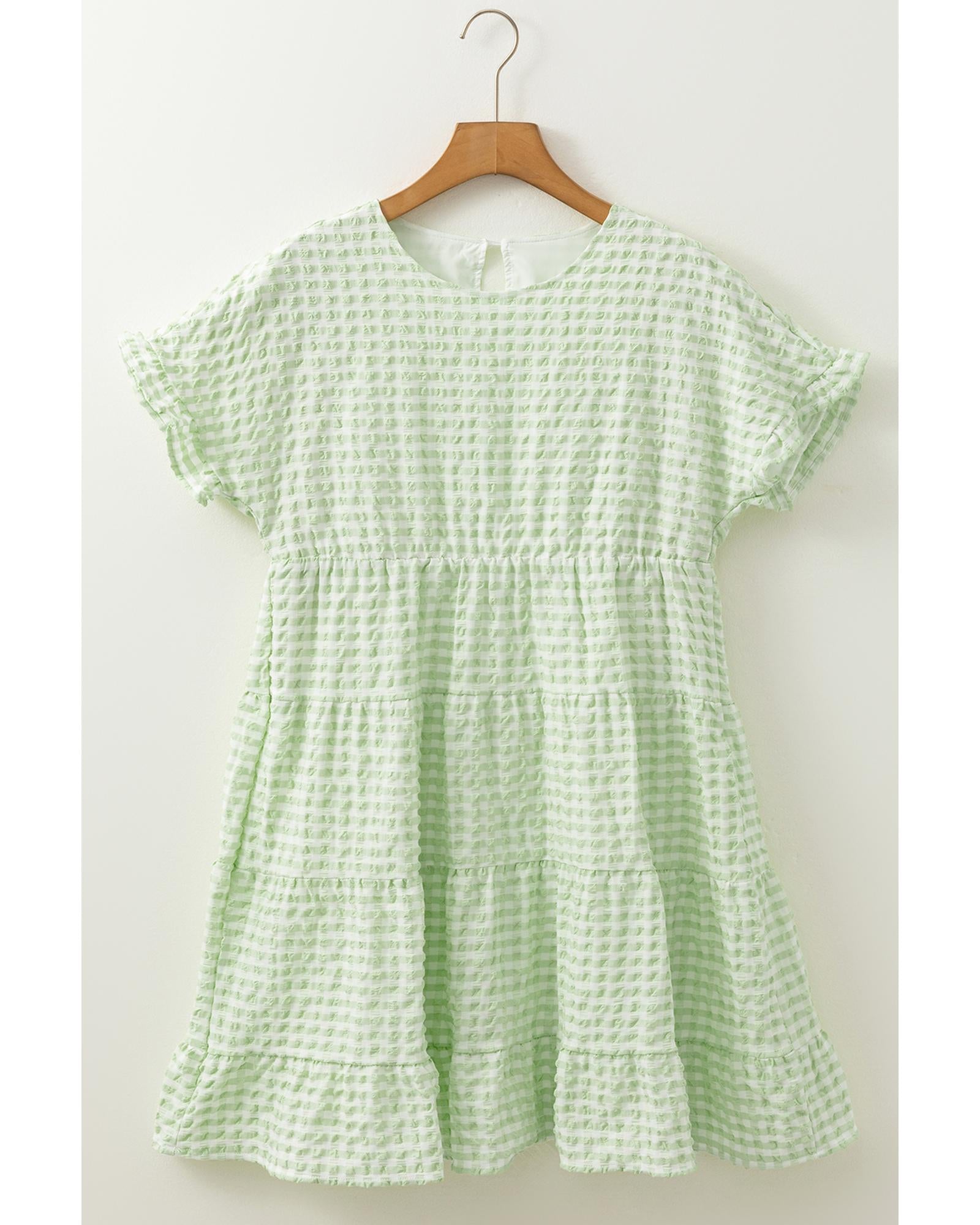 Green Stripe Textured Tiered Short Sleeve Loose Mini Dress - S