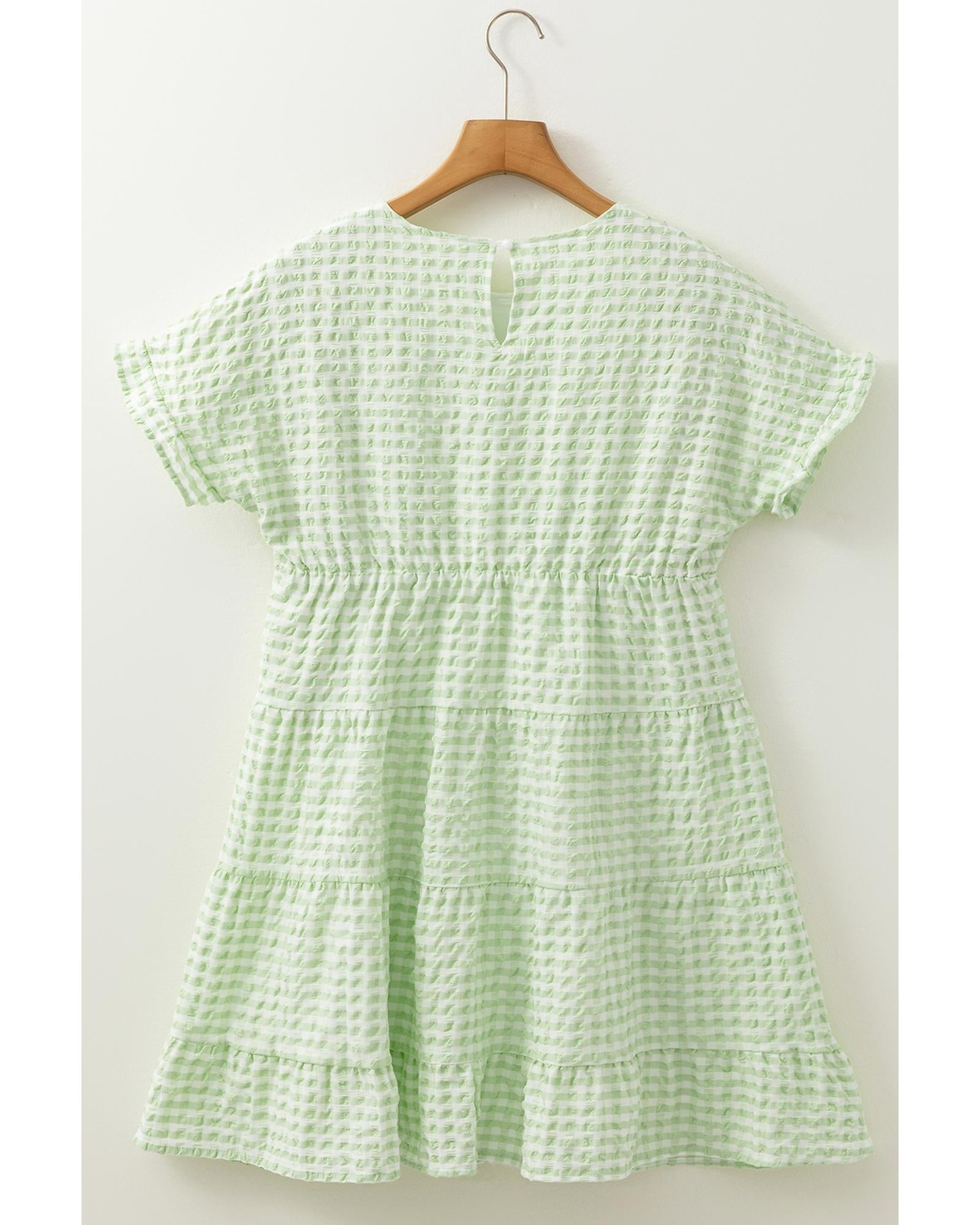 Green Stripe Textured Tiered Short Sleeve Loose Mini Dress - S