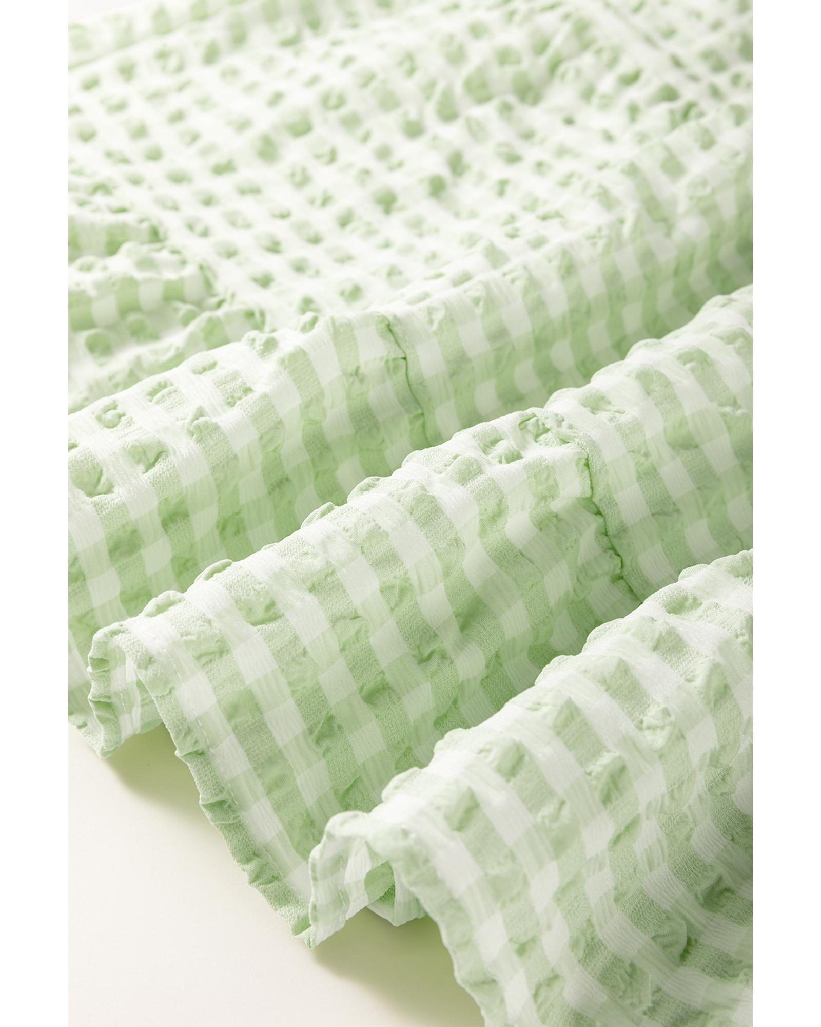 Green Stripe Textured Tiered Short Sleeve Loose Mini Dress - S