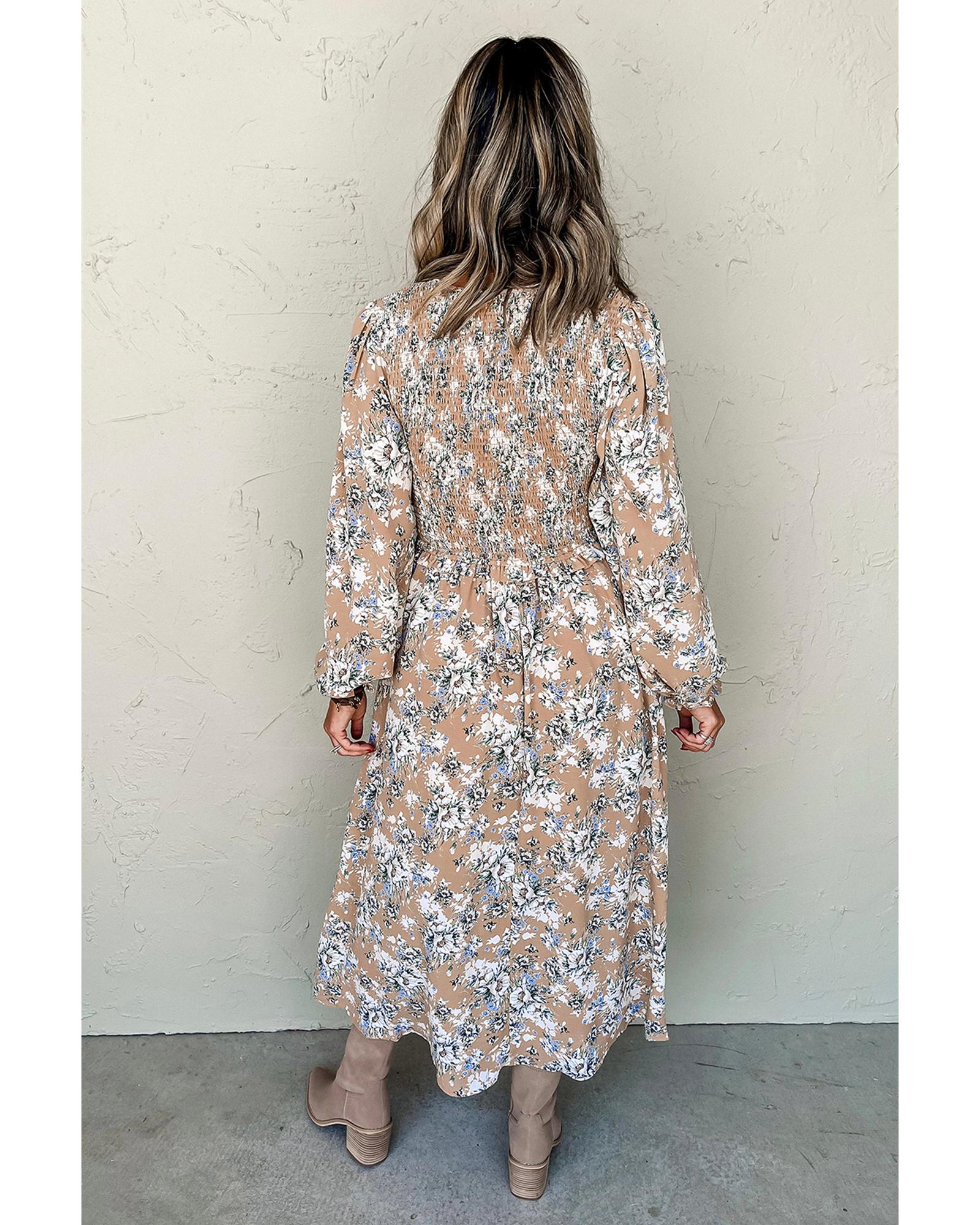 Khaki Maple Grove Floral Smocked Puff Sleeve Long Dress - S