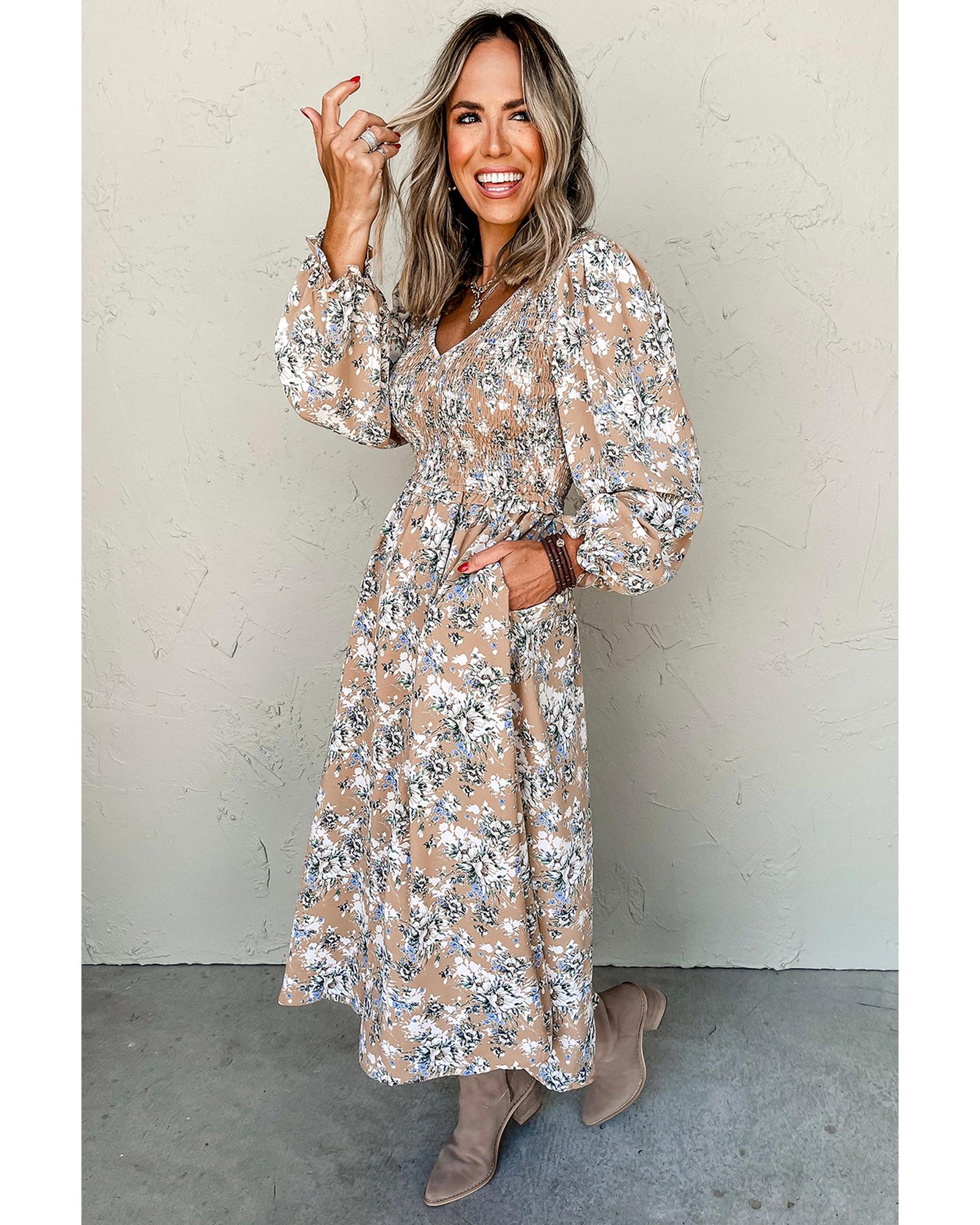 Khaki Maple Grove Floral Smocked Puff Sleeve Long Dress - S