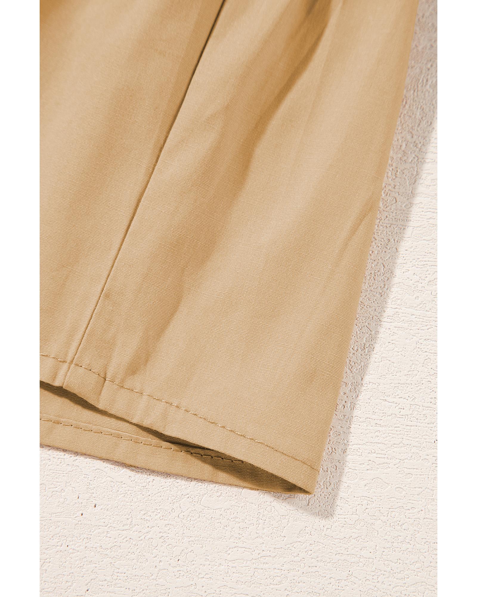 Pale Khaki Contrast Trim Pintuck Puff Sleeve Tied Neck Short Dress - L