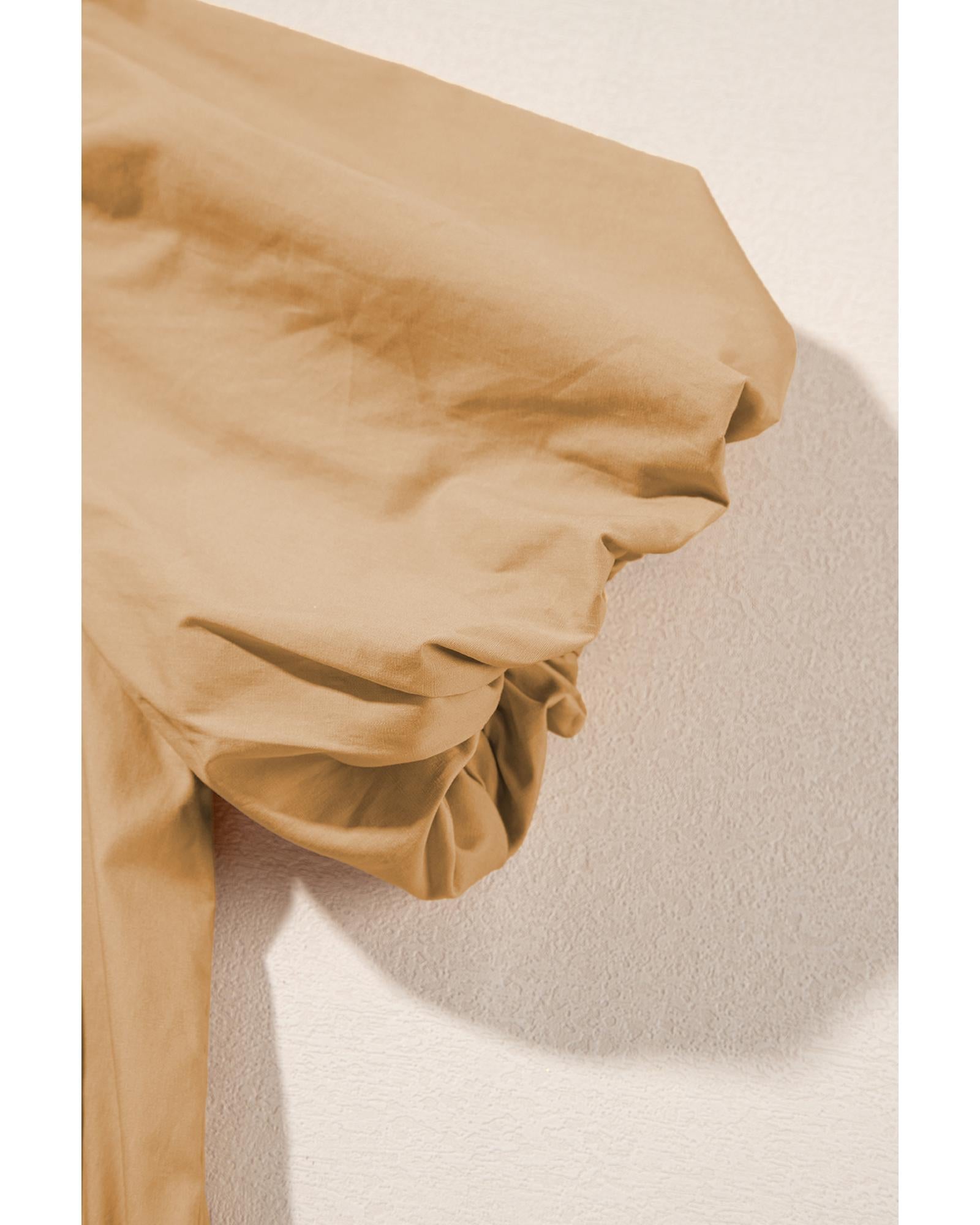 Pale Khaki Contrast Trim Pintuck Puff Sleeve Tied Neck Short Dress - L