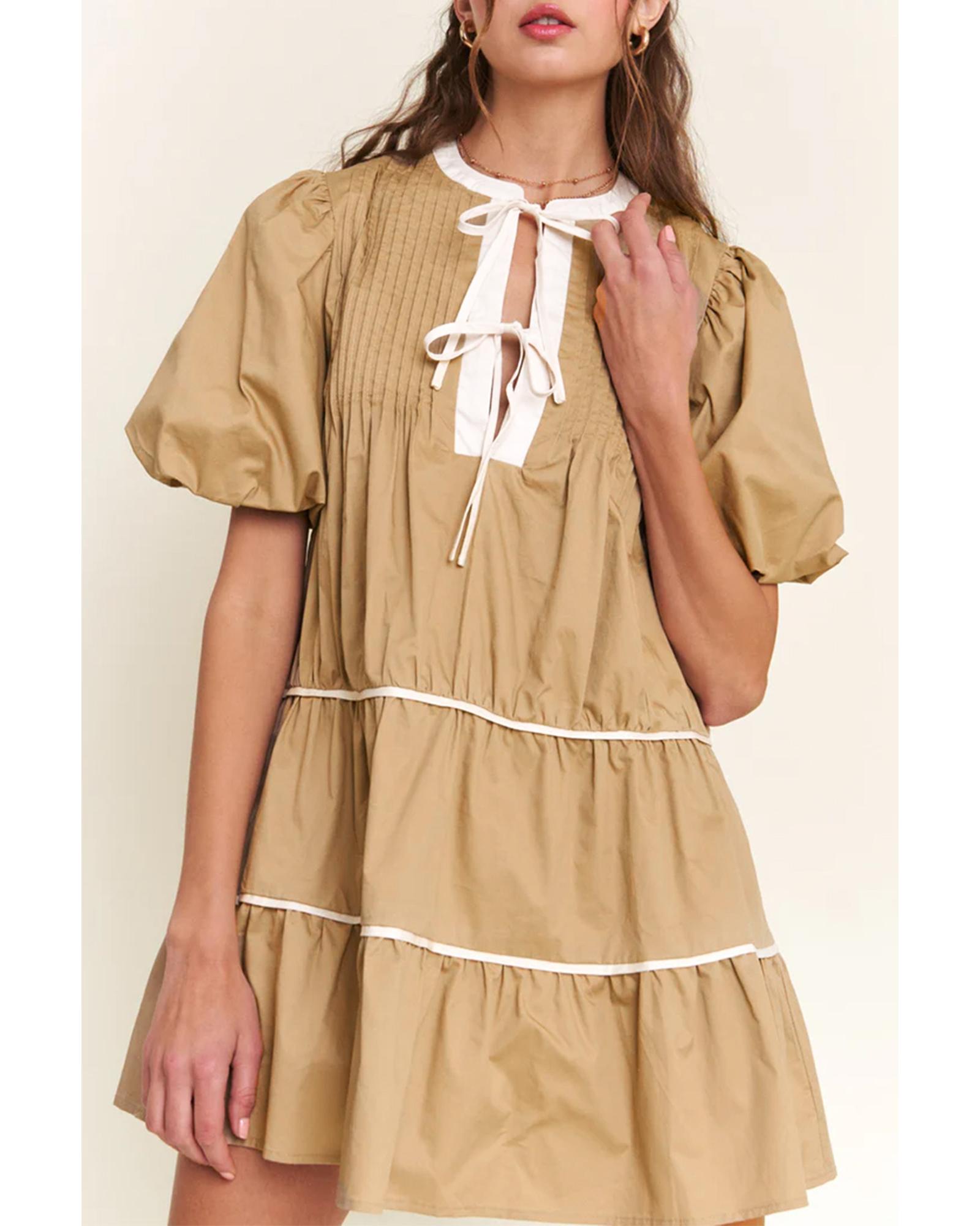 Pale Khaki Contrast Trim Pintuck Puff Sleeve Tied Neck Short Dress - S