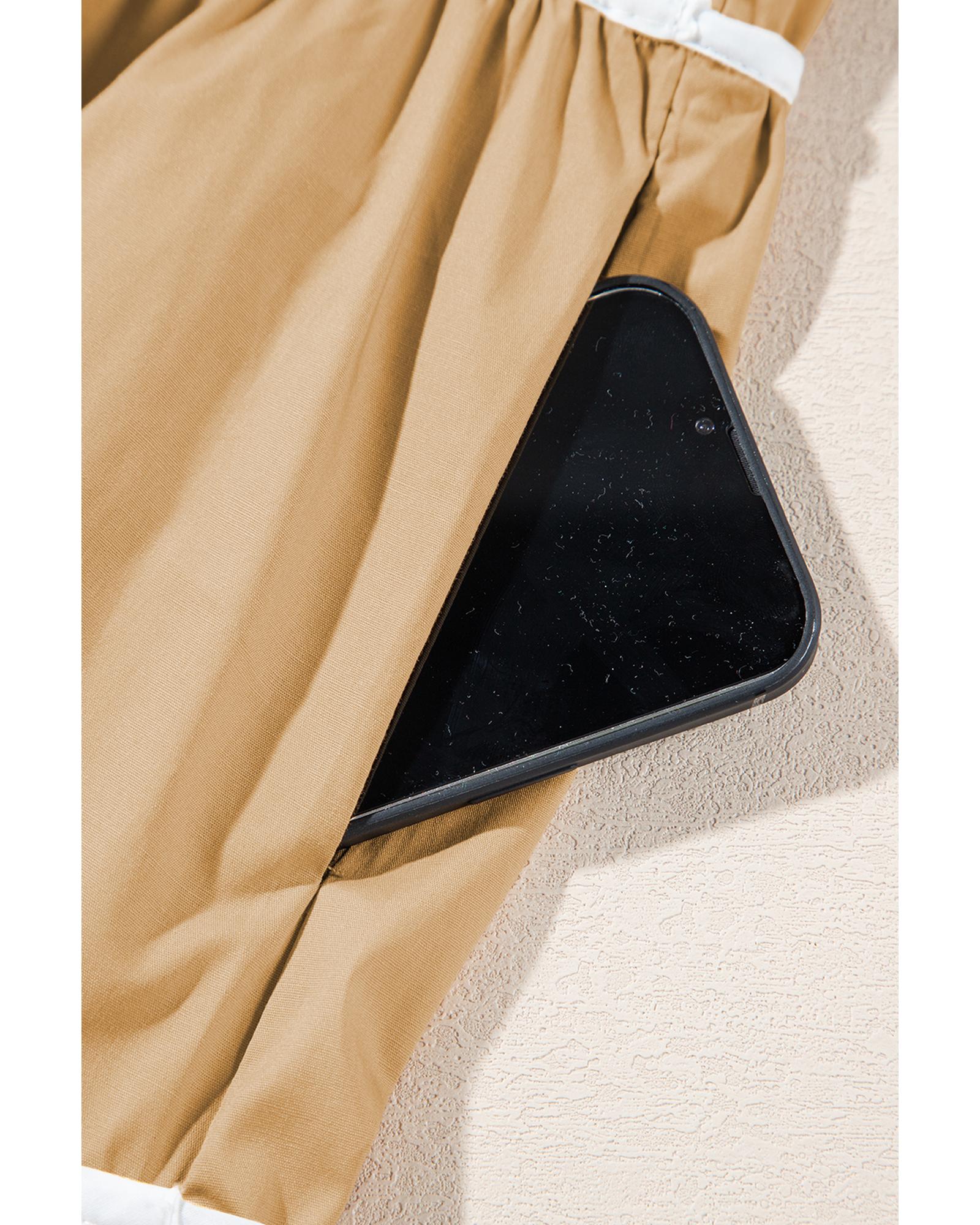 Pale Khaki Contrast Trim Pintuck Puff Sleeve Tied Neck Short Dress - S