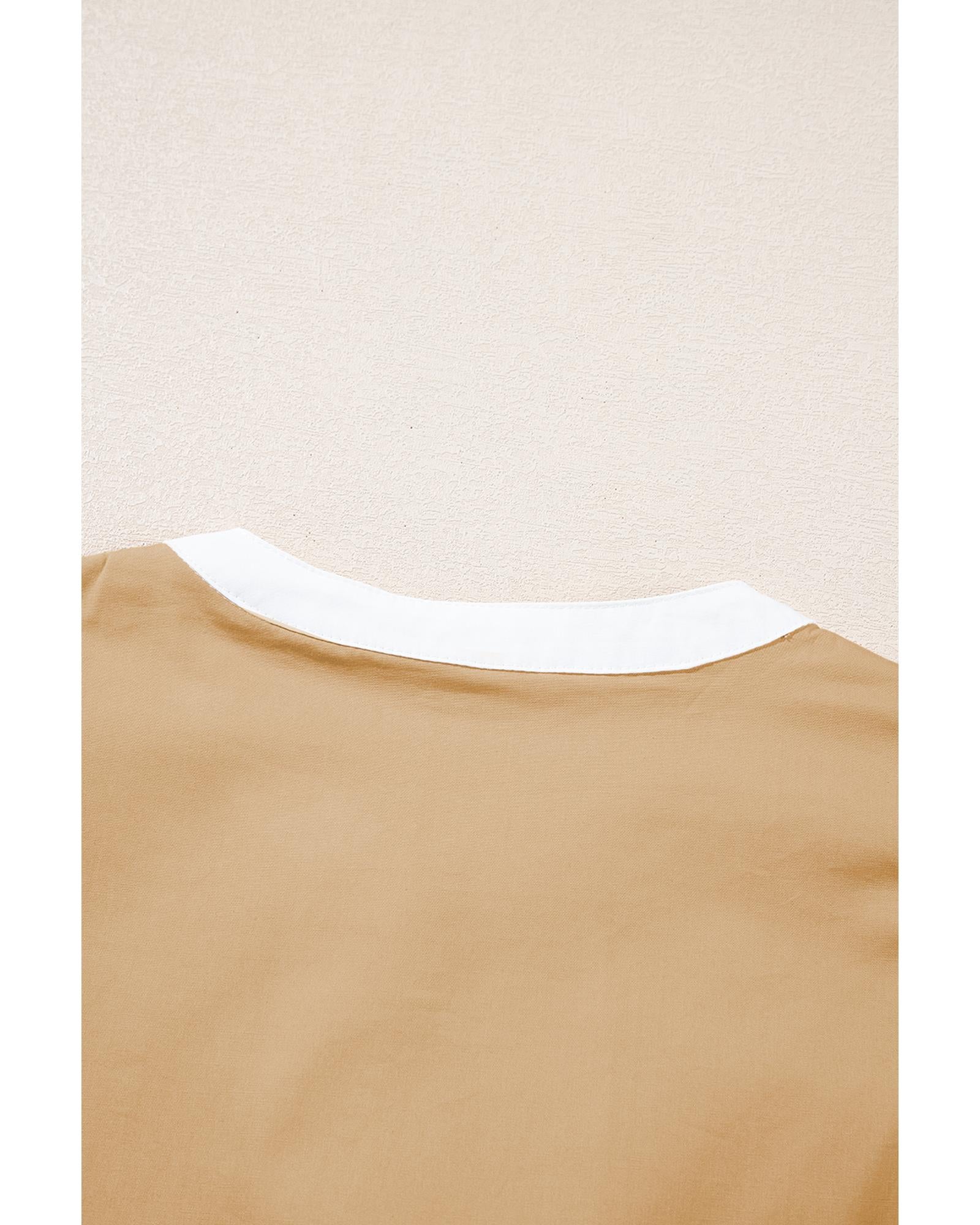 Pale Khaki Contrast Trim Pintuck Puff Sleeve Tied Neck Short Dress - S