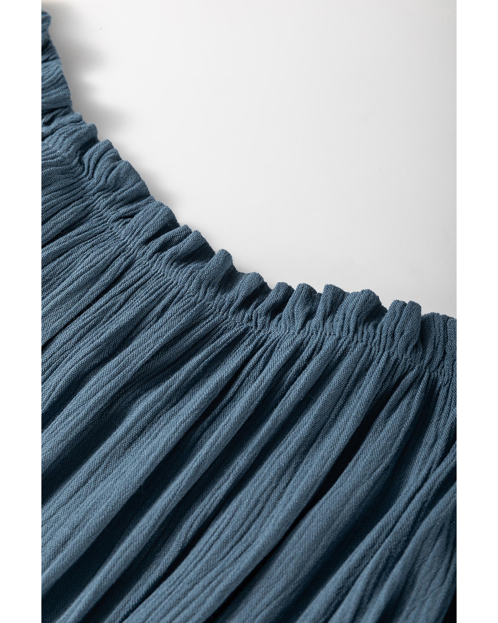 Real Teal Frilled Neckline 3/4 Sleeve Layered Ruched Mini Dress - M