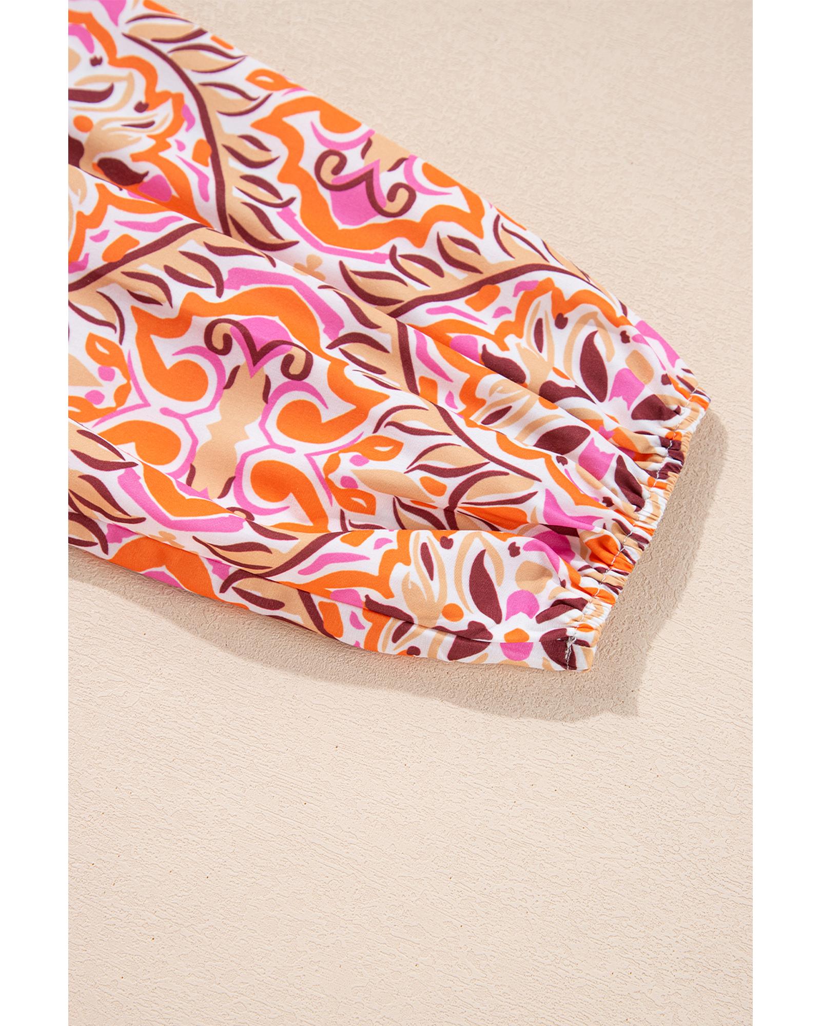 Khaki Abstract Printed Long Sleeve Tied Neckline Mini Dress - L