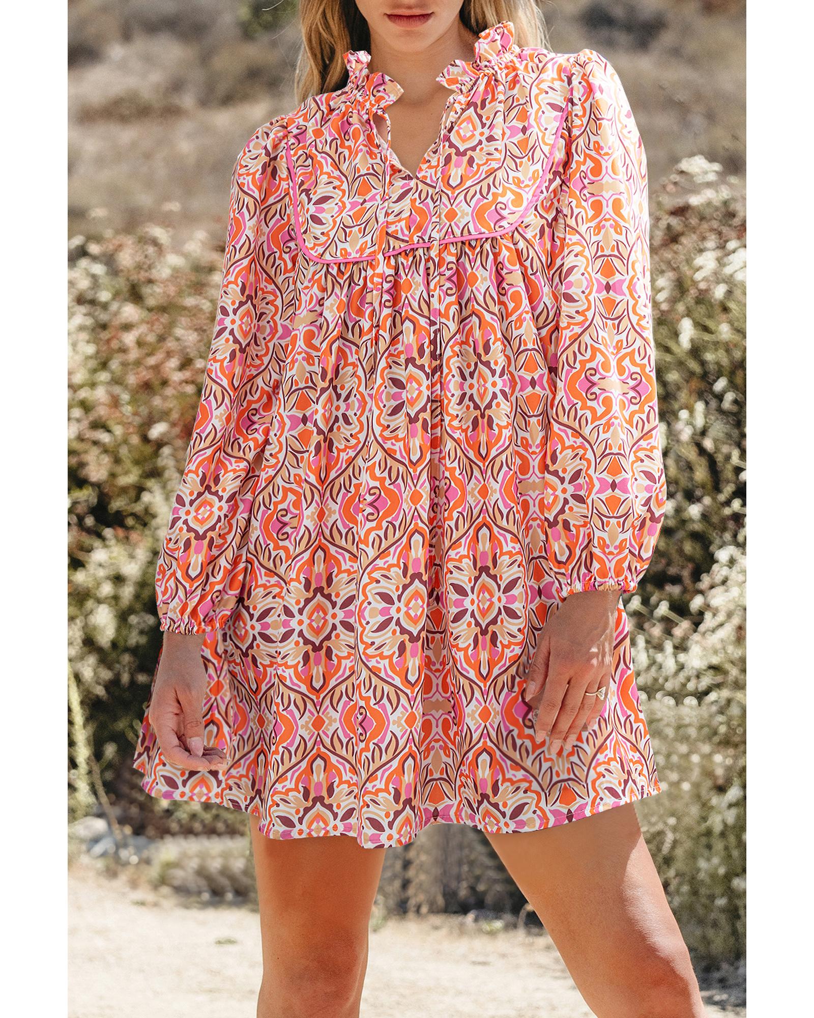 Khaki Abstract Printed Long Sleeve Tied Neckline Mini Dress - L