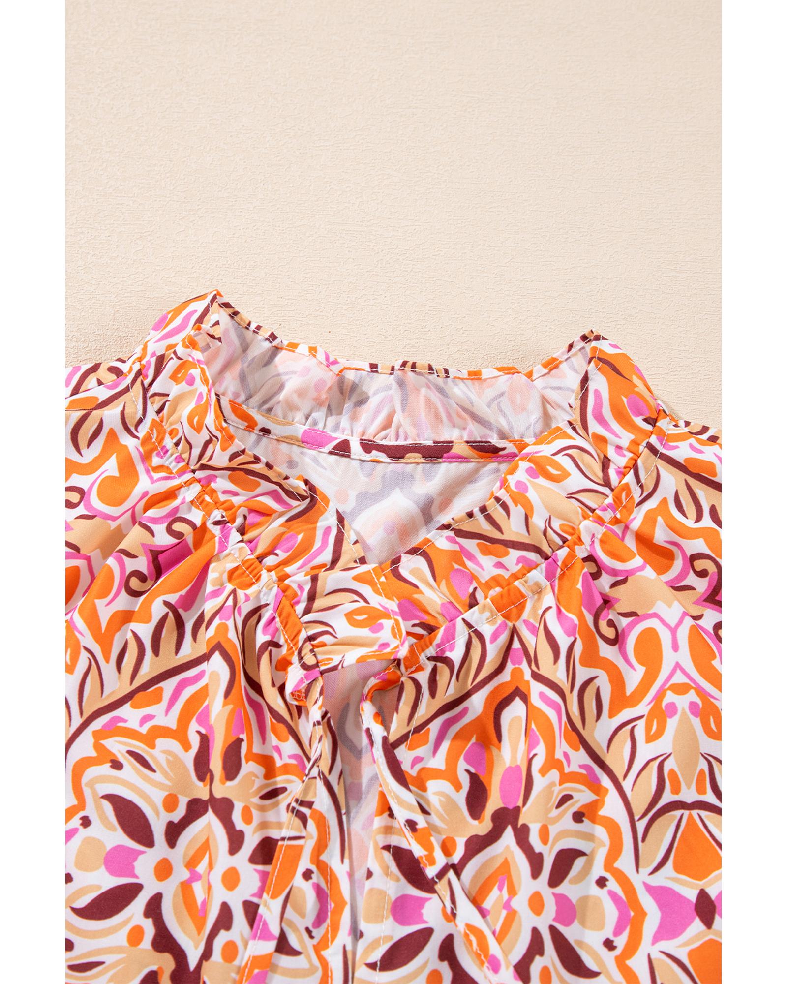 Khaki Abstract Printed Long Sleeve Tied Neckline Mini Dress - L